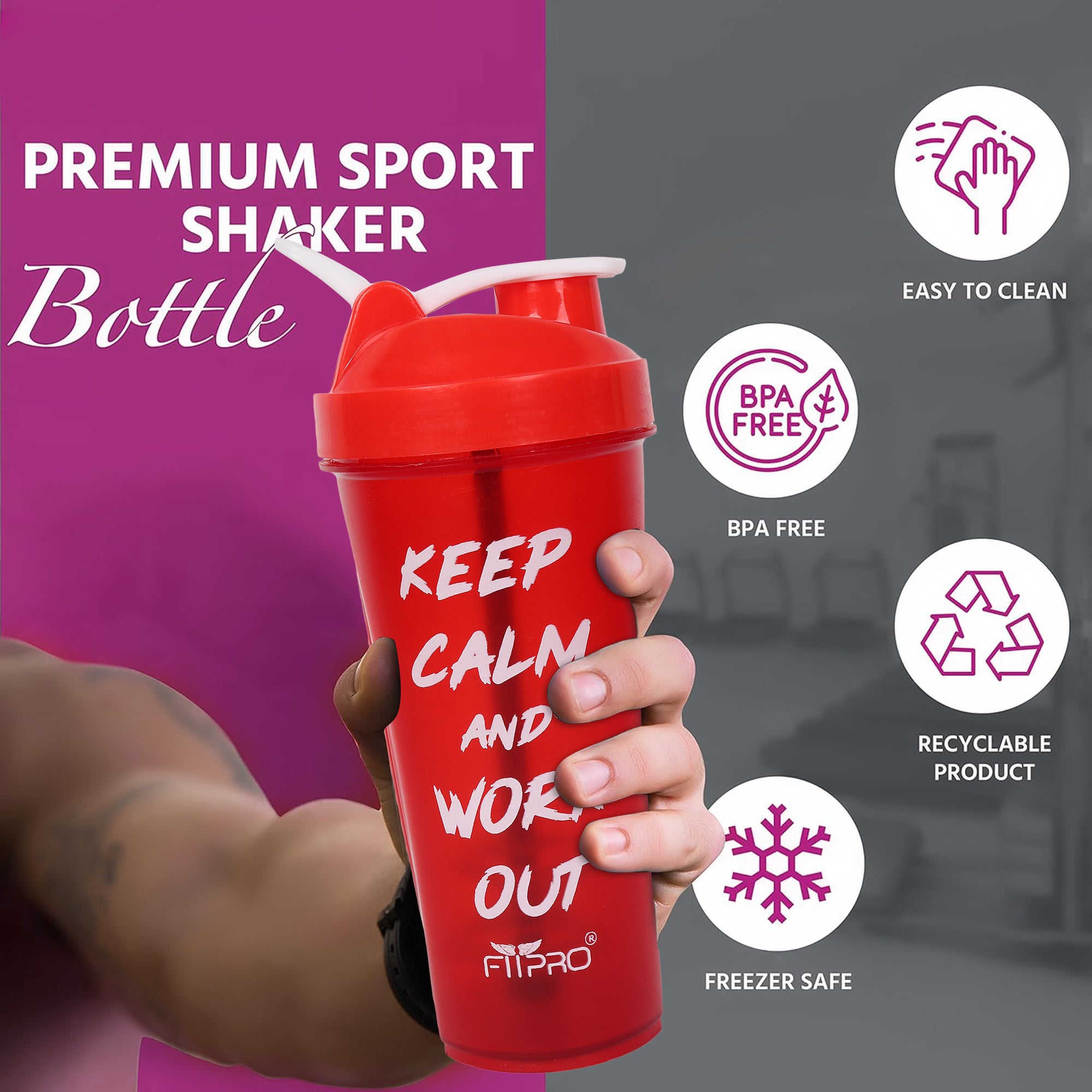 FitPro Fantastic Protein Shaker 750ml | Red | Keep Calm & Work Out | Gym & Fitness Use