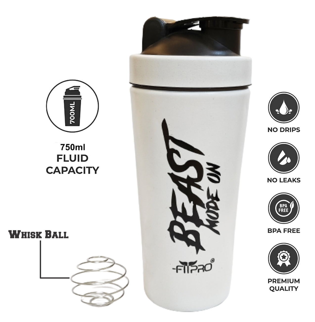 FITPRO Beast Mode Stainless Steel Shaker Bottle 750ml – Leak-Proof Gym Protein Shaker with Steel Whisk Ball