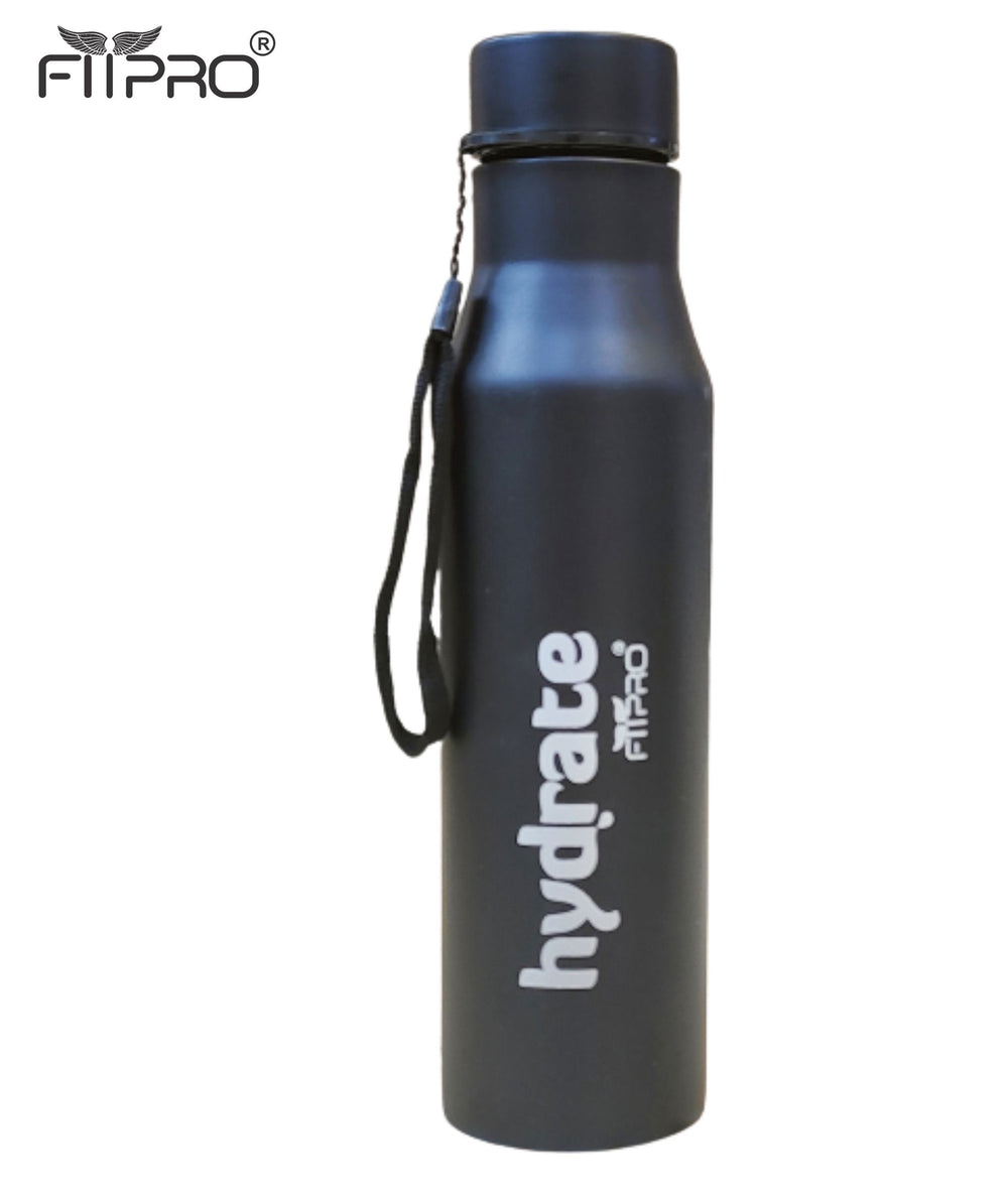 FitPro Hydrate 900ml Stainless Steel Water Bottle | Black Slim Bottle for Office, Travel & Daily Use