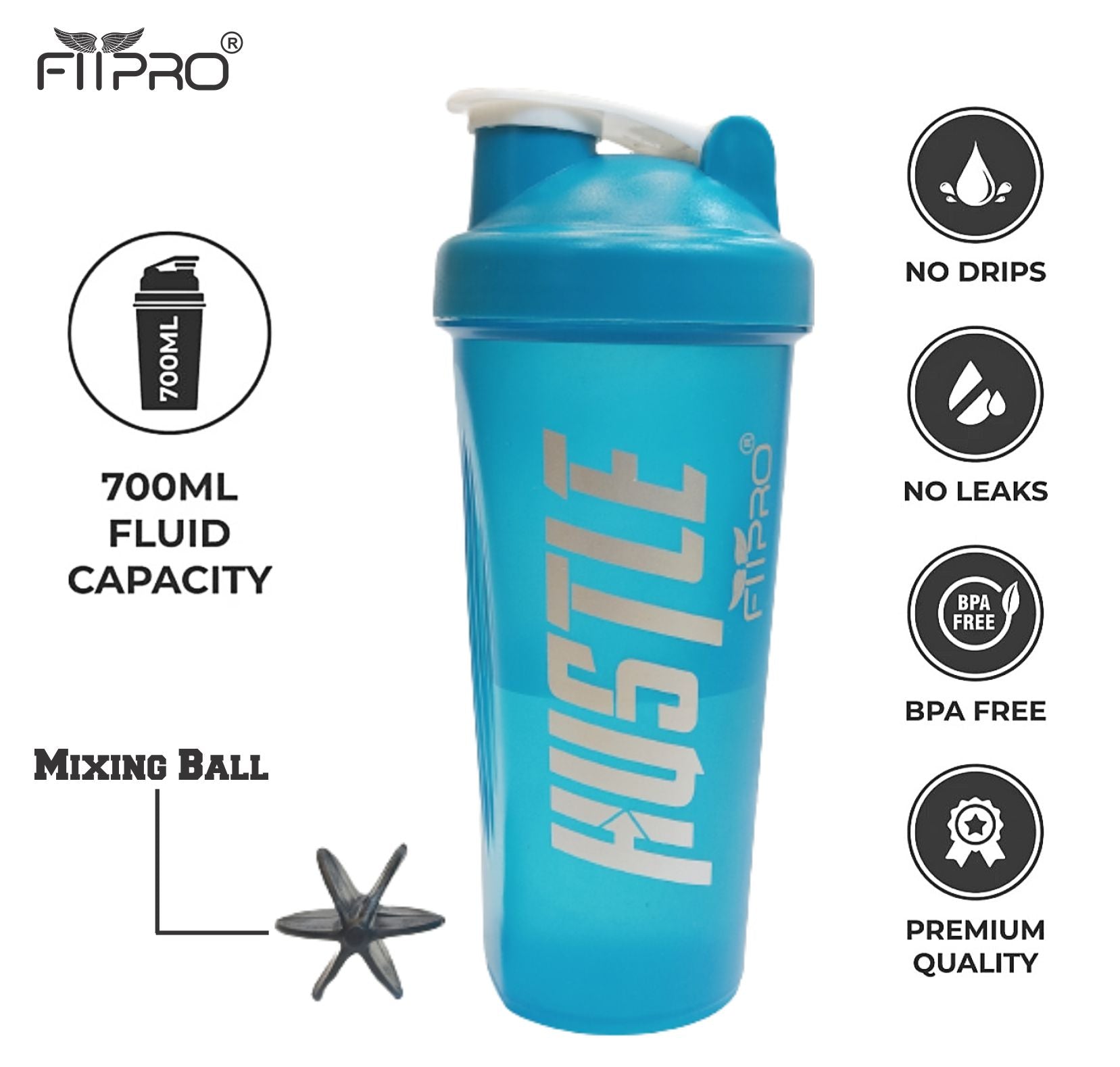 Hustle Gym Shaker Bottle 750ml – Teal Blue Protein Shaker with Mixing Ball | BPA-Free PP Plastic