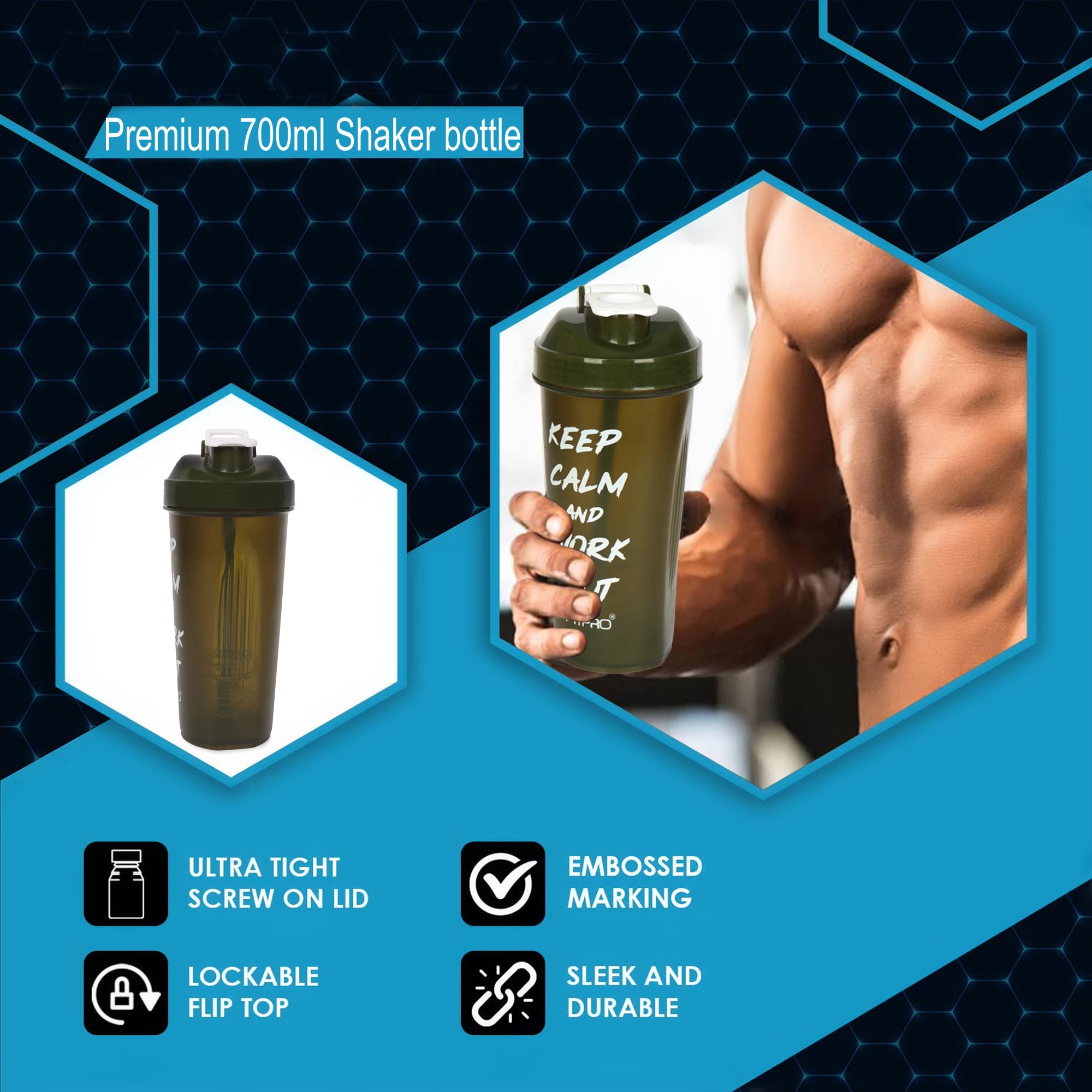 FitPro Fantastic Protein Shaker 750ml | Green | Keep Calm & Work Out | Fitness Shaker