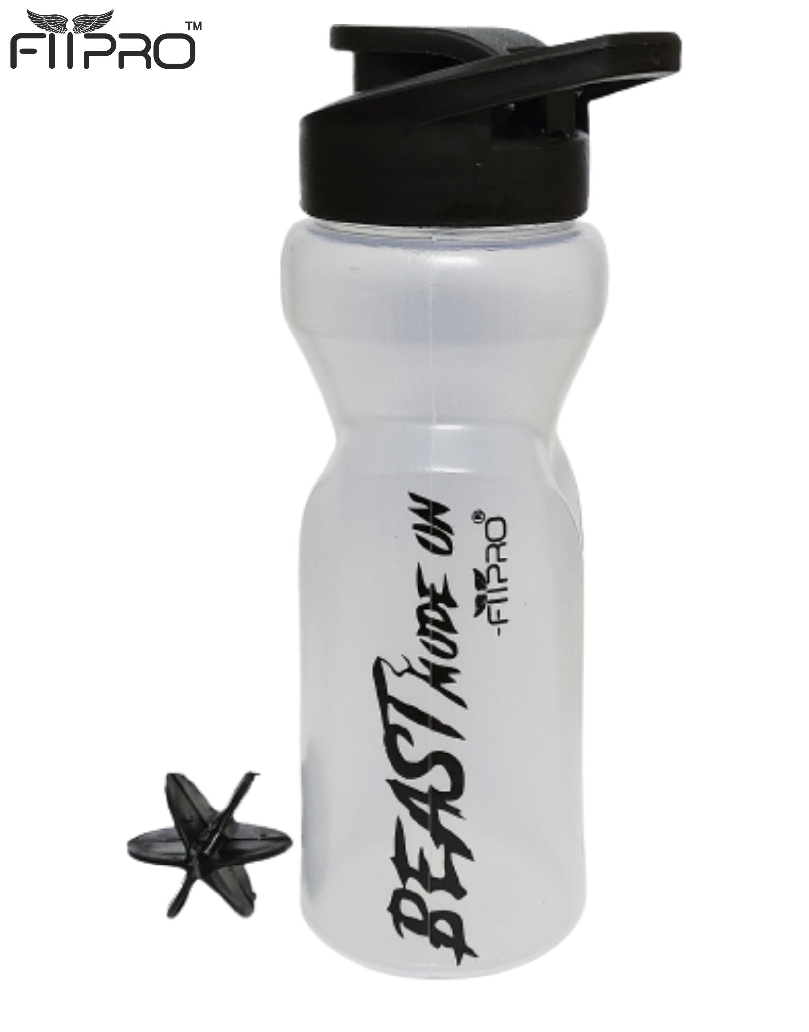 FITPRO Ivory Sipper Bottle 600ml – Transparent Gym & Cycling Bottle with Black Cap & Mixing Ball | BPA-Free PP Plastic