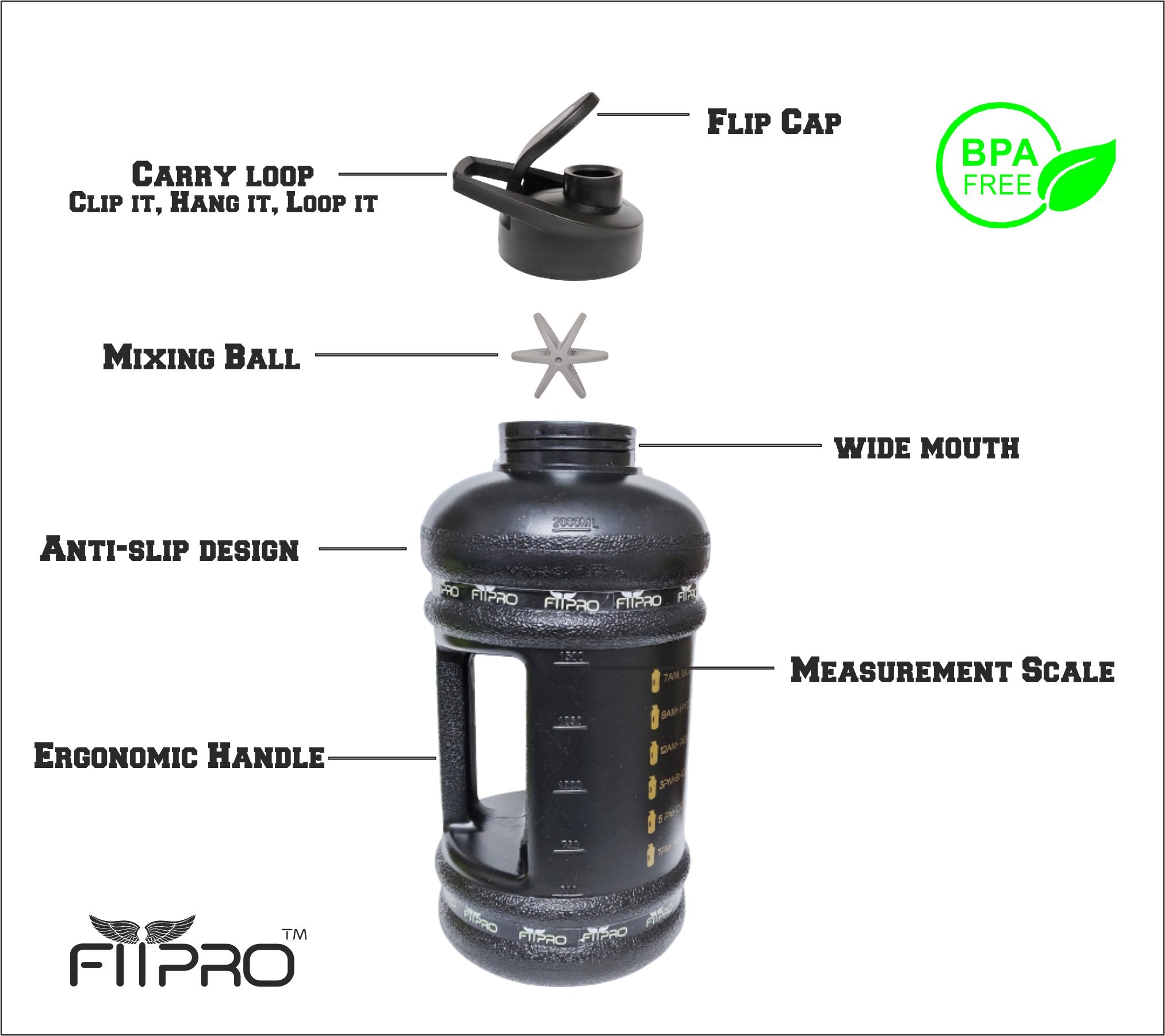 Fitpro 2.2L Gym Gallon Bottle – BPA-Free, Leak-Proof Black Water Bottle