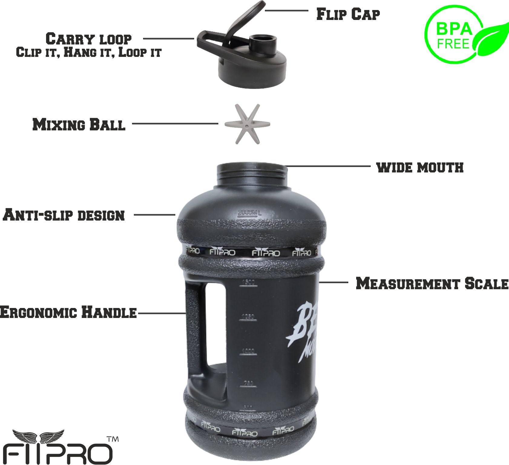 Fitpro Beast Mode On 2.2L Gallon Water Bottle – Black Gym Shaker
