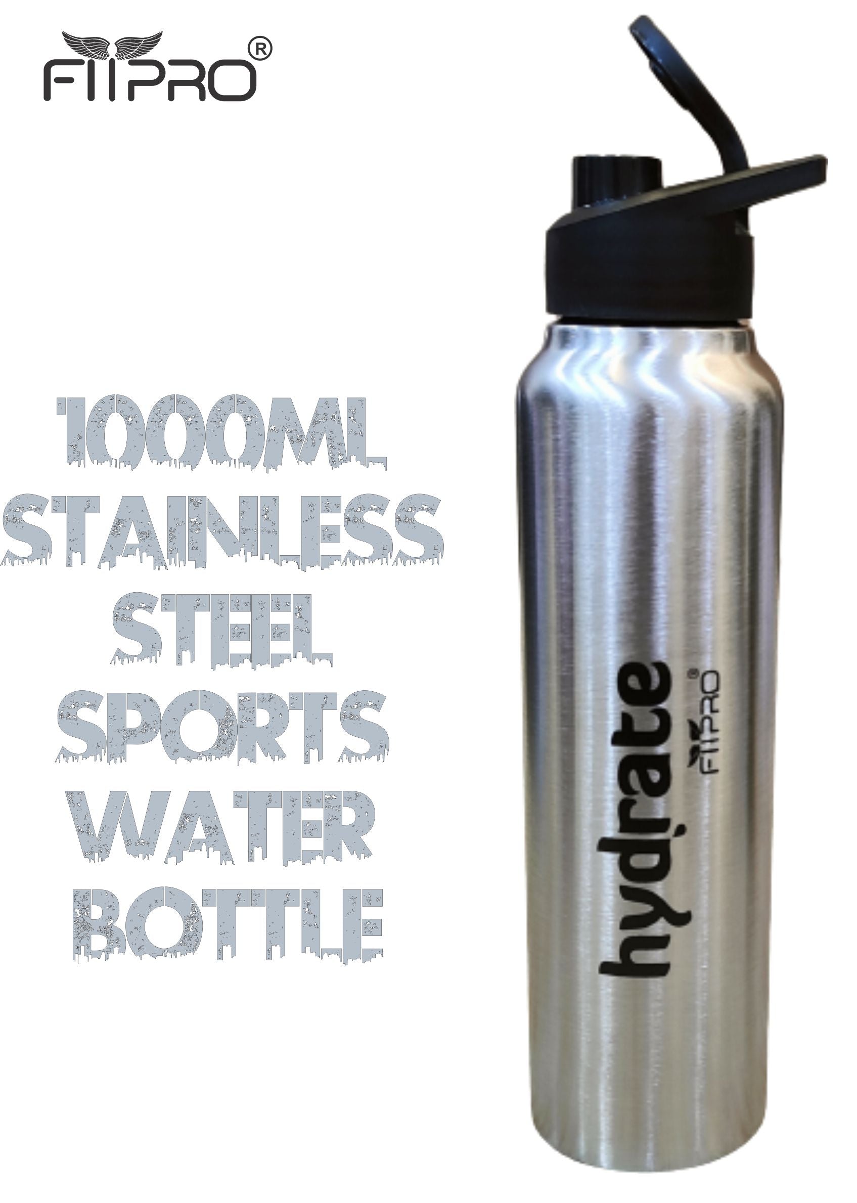FitPro Hydrate 1000ml Stainless Steel Water Bottle | Silver Finish | Flip Top Cap for Office & Personal Use