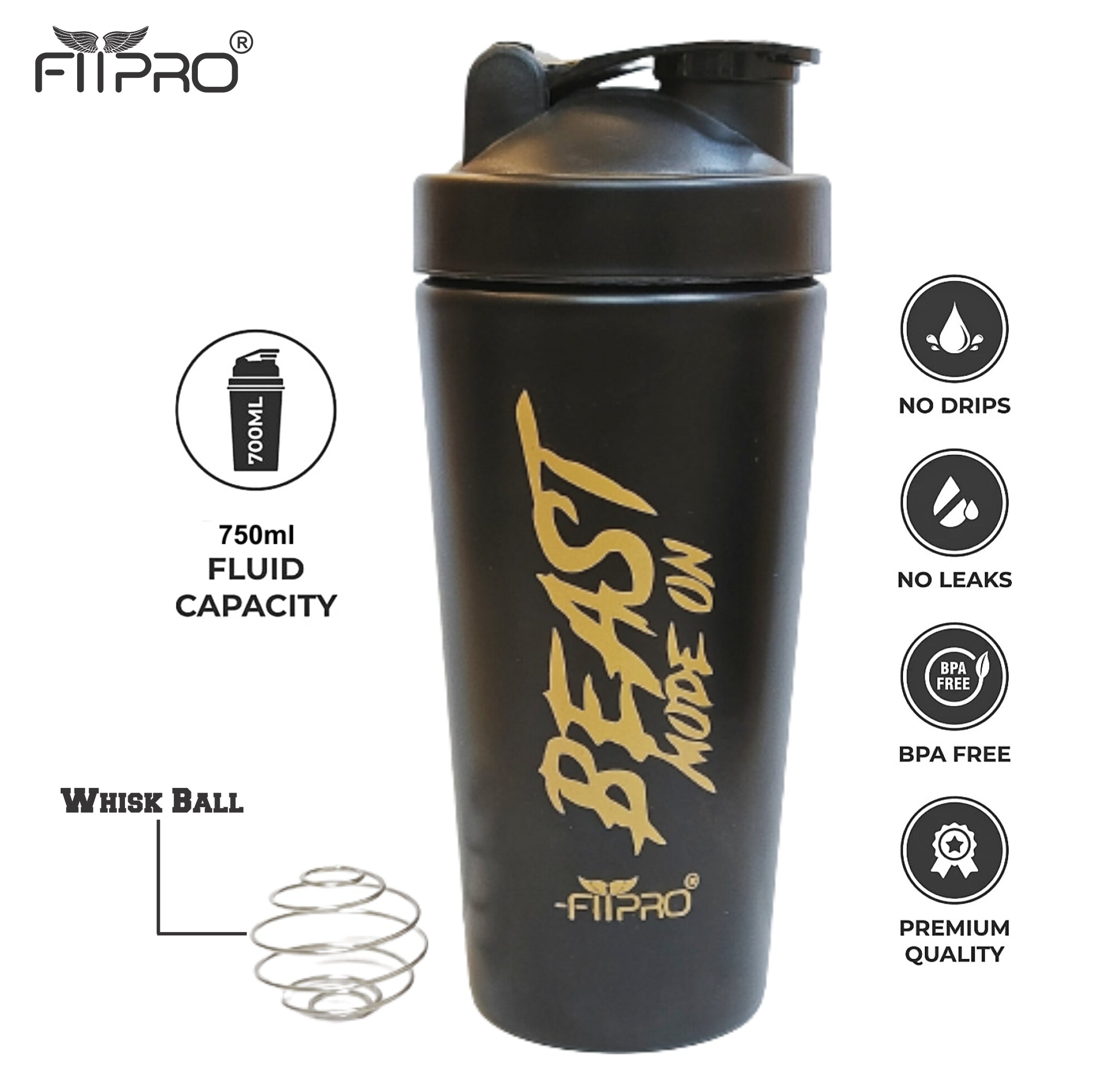 FITPRO Beast Mode Stainless Steel Shaker Bottle 750ml – Leak-Proof Gym Protein Shaker with Steel Whisk Ball