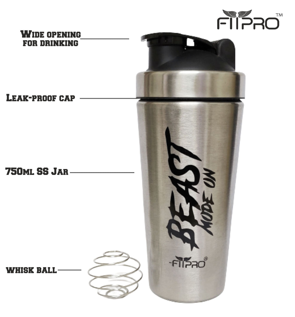 FITPRO Beast Mode Stainless Steel Shaker Bottle 750ml – Leak-Proof Gym Protein Shaker with Steel Whisk Ball