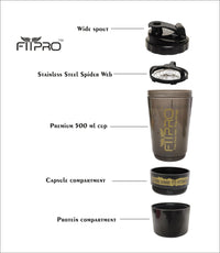 FITPRO Spider Shaker Bottle 500ml – Gym Protein Shaker with Supplement Storage Container | BPA-Free PP Plastic