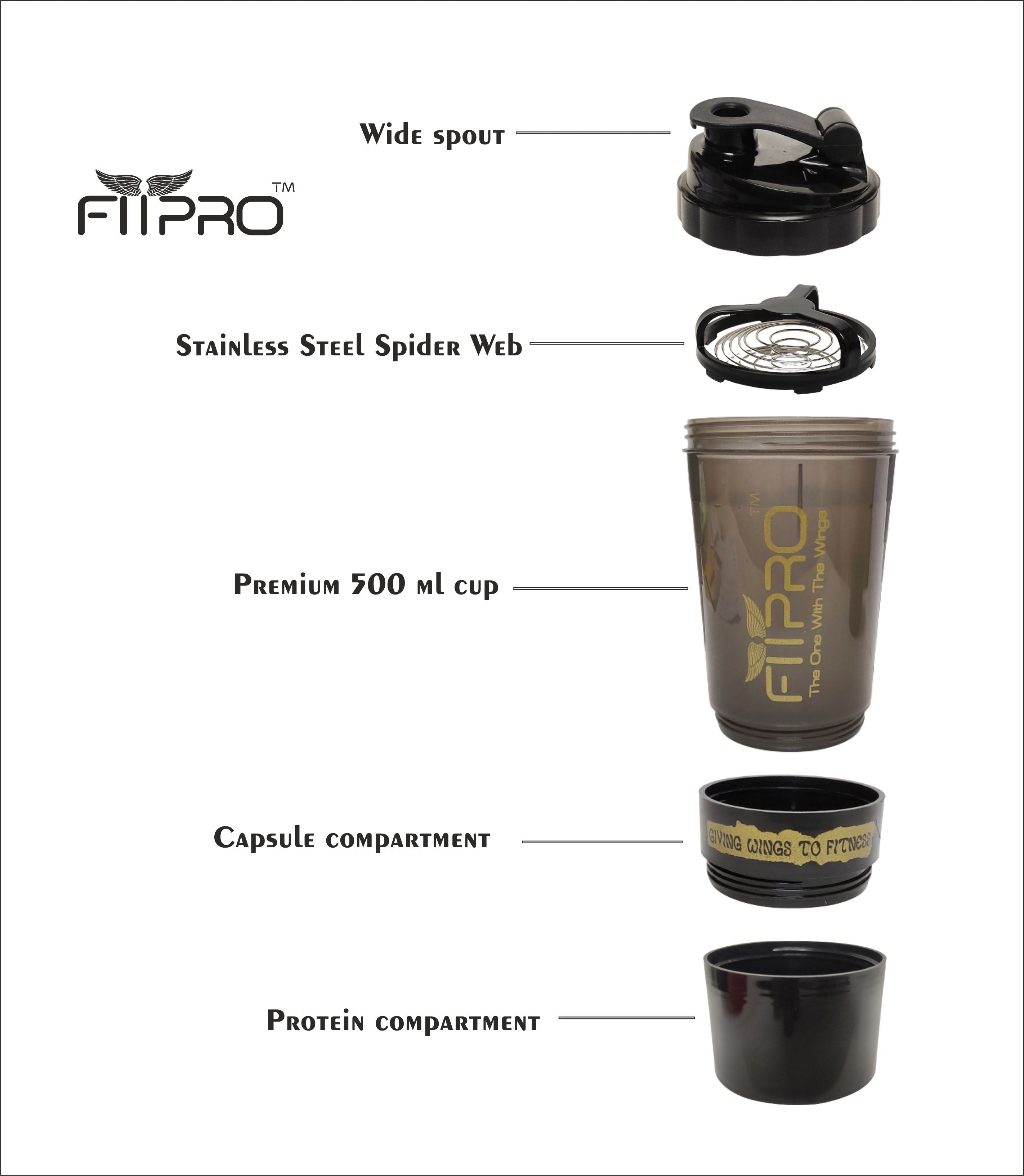 FITPRO Spider Shaker Bottle 500ml – Gym Protein Shaker with Supplement Storage Container | BPA-Free PP Plastic