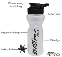 FITPRO Ivory Sipper Bottle 600ml – Transparent Gym & Cycling Bottle with Black Cap & Mixing Ball | BPA-Free PP Plastic