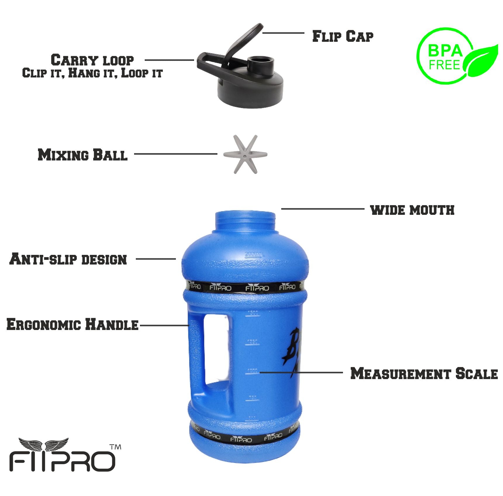 Fitpro Beast Mode On 2.2L Gallon Water Bottle – Blue Gym Shaker