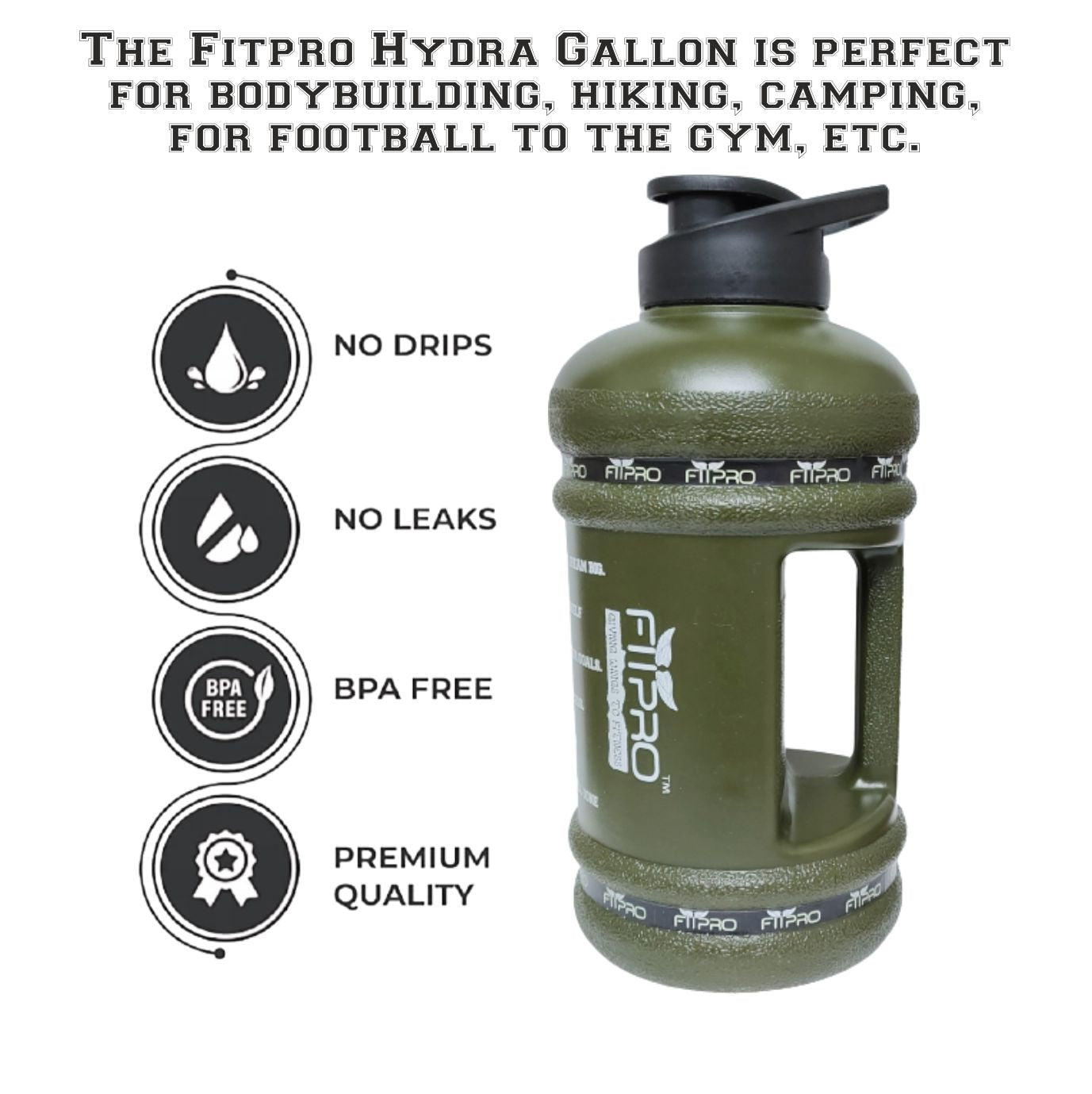 Fitpro 2.2L Military Green Gym Gallon Bottle – BPA-Free, Leak-Proof