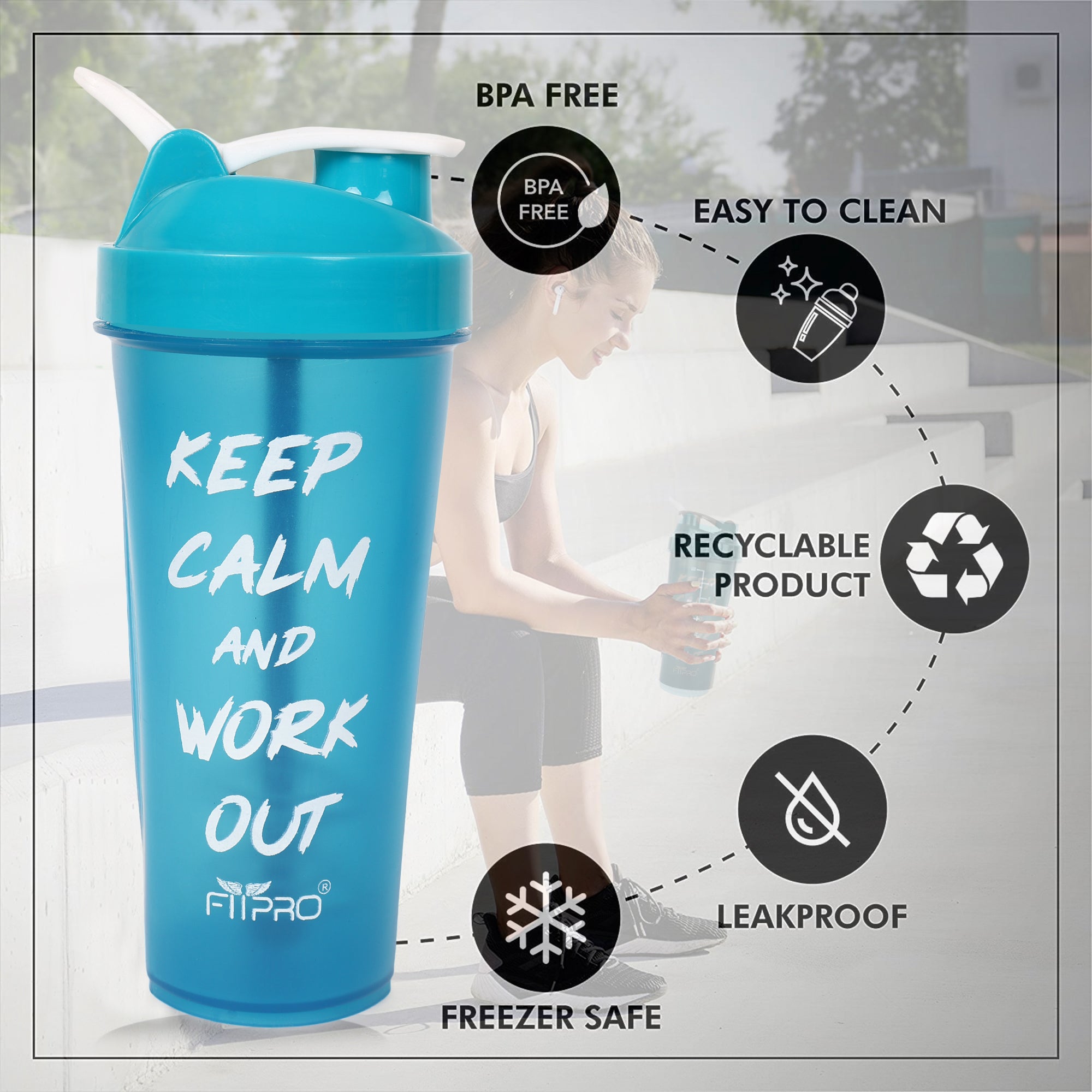 FitPro Fantastic Protein Shaker 750ml | Blue | Keep Calm & Work Out | Gym Use