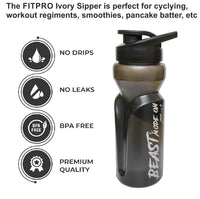 FITPRO Ivory Sipper Bottle 600ml – Smoke Grey Gym & Cycling Bottle with Mixing Ball | BPA-Free PP Plastic