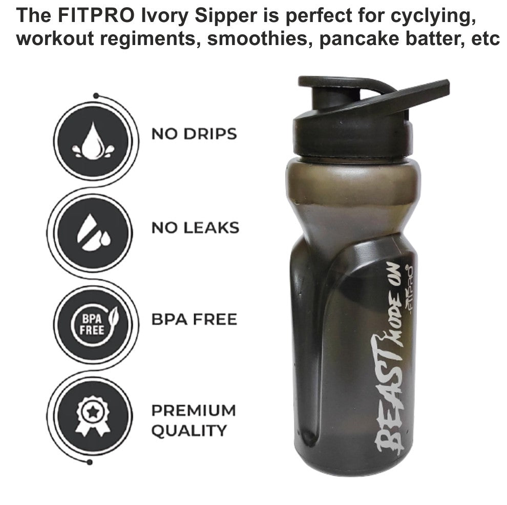 FITPRO Ivory Sipper Bottle 600ml – Smoke Grey Gym & Cycling Bottle with Mixing Ball | BPA-Free PP Plastic