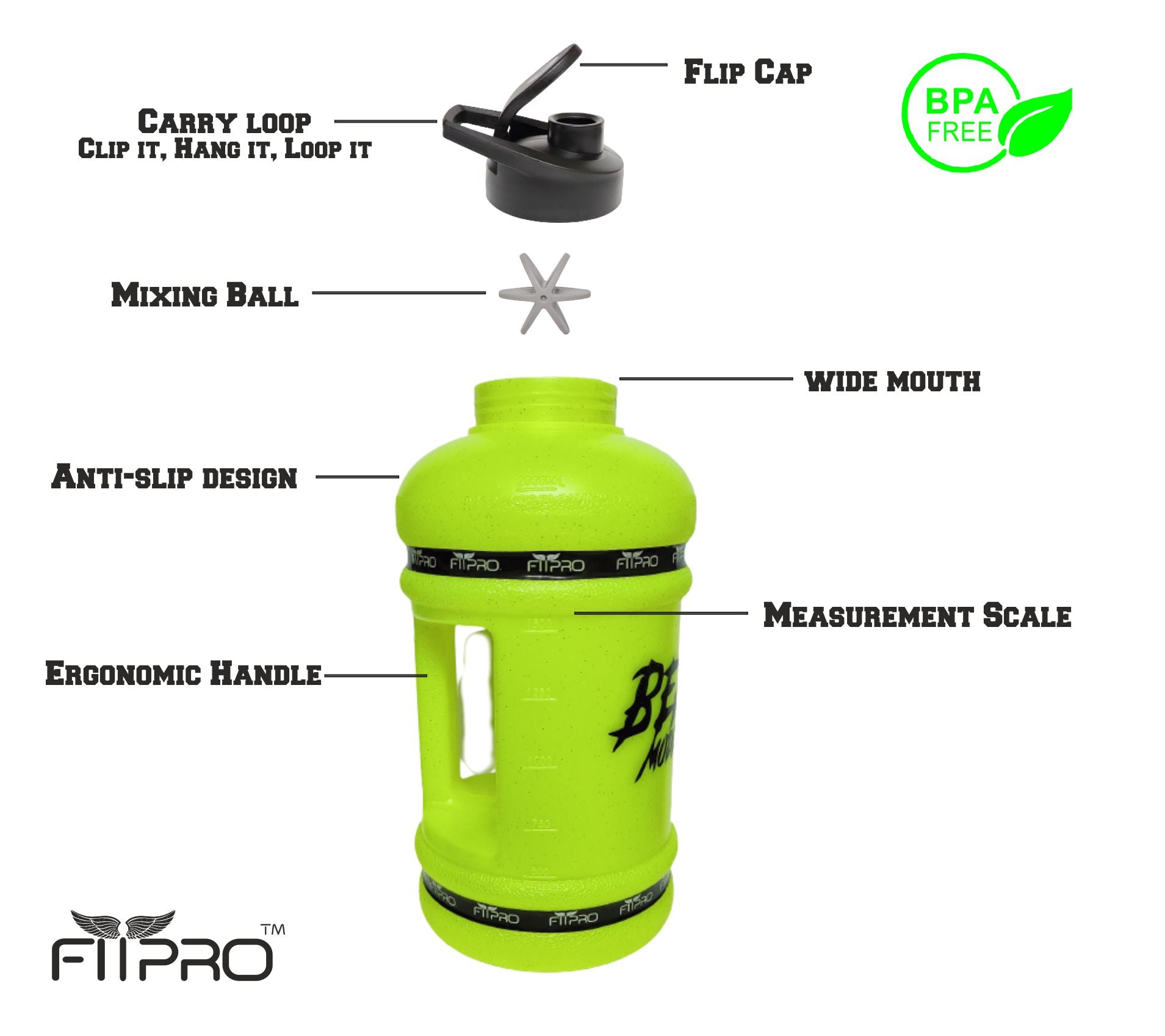 Fitpro Beast Mode On 2.2L Gallon Water Bottle – Neon Green  Gym Shaker