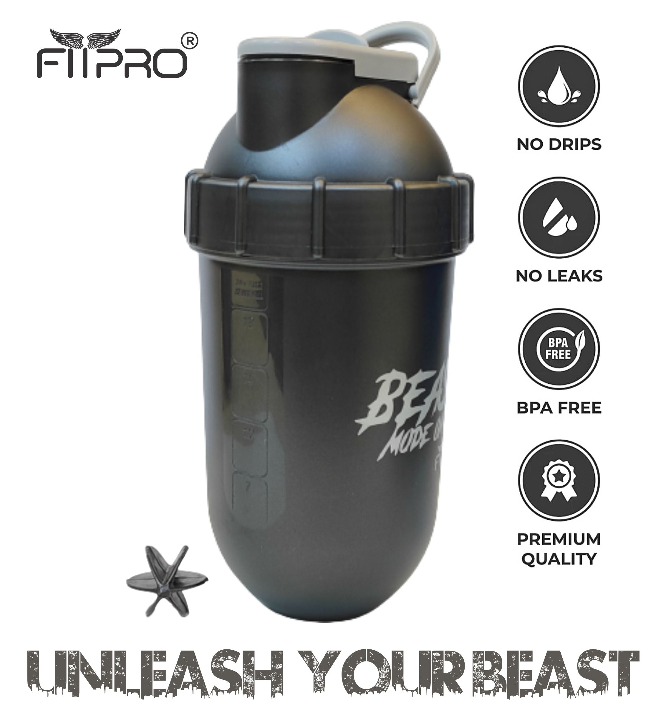 Fitpro Atom Shaker 500ml Black – Gym Shaker Bottle with Mixing Ball