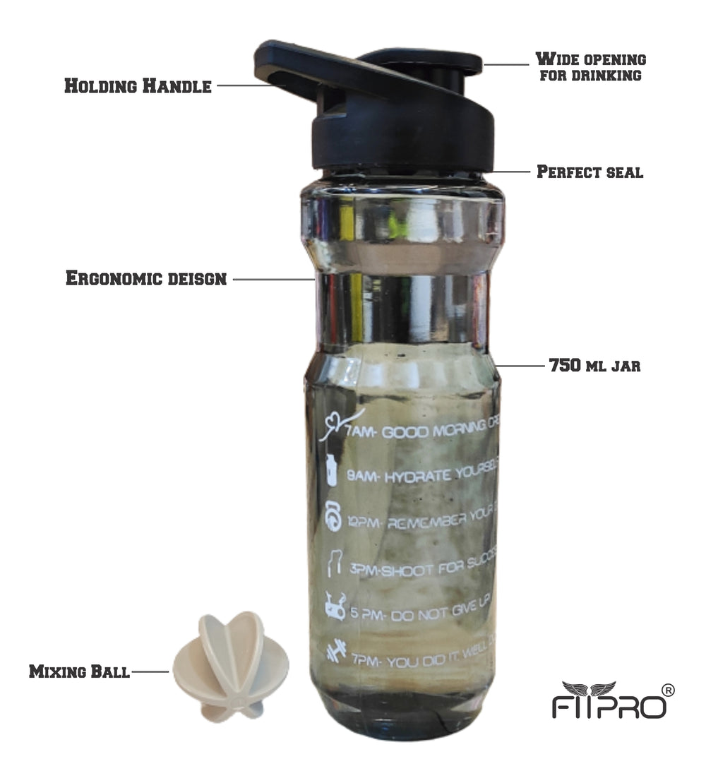 Fitpro 750ml Shaker Bottle – Smoke Transparent, Flip Cap, Mixing Ball