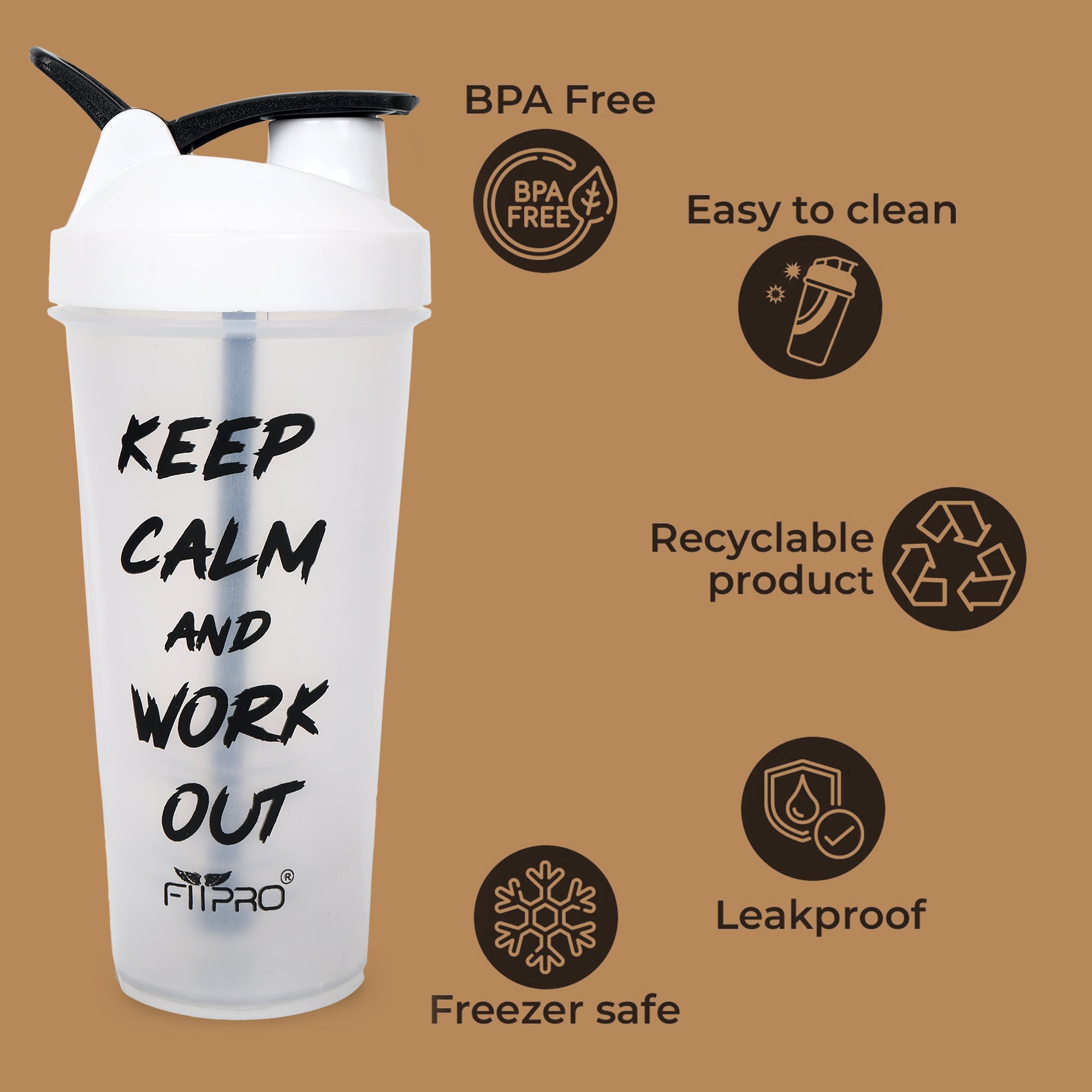 FitPro Fantastic Protein Shaker 750ml | White | Keep Calm & Work Out | Personal Use