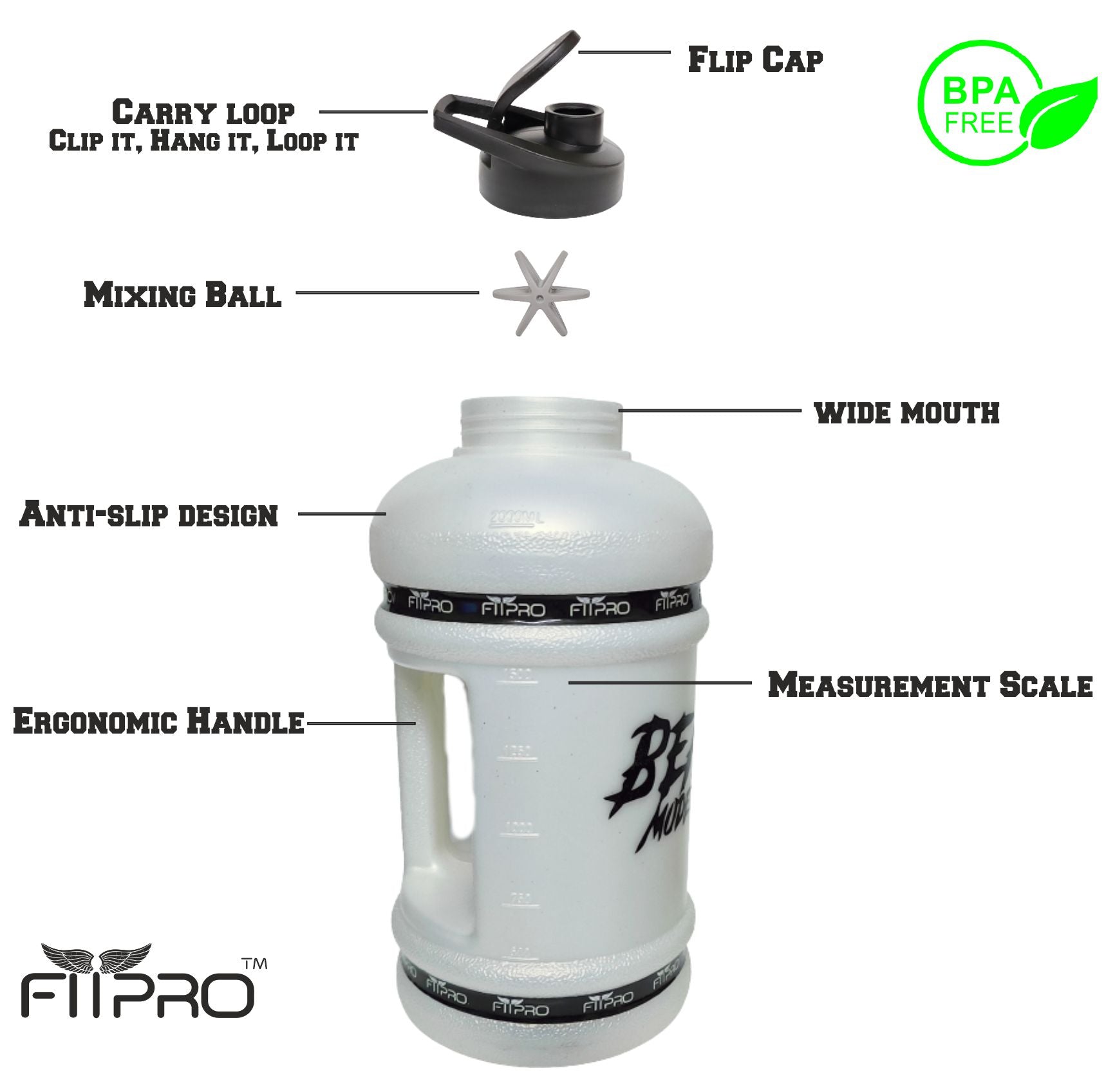 Fitpro Beast Mode On 2.2L Gallon Water Bottle – White Gym Shaker