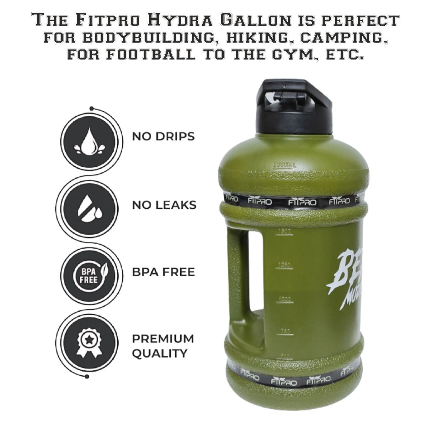 Fitpro Beast Mode On 2.2L Gallon Water Bottle – Military Gym Shaker