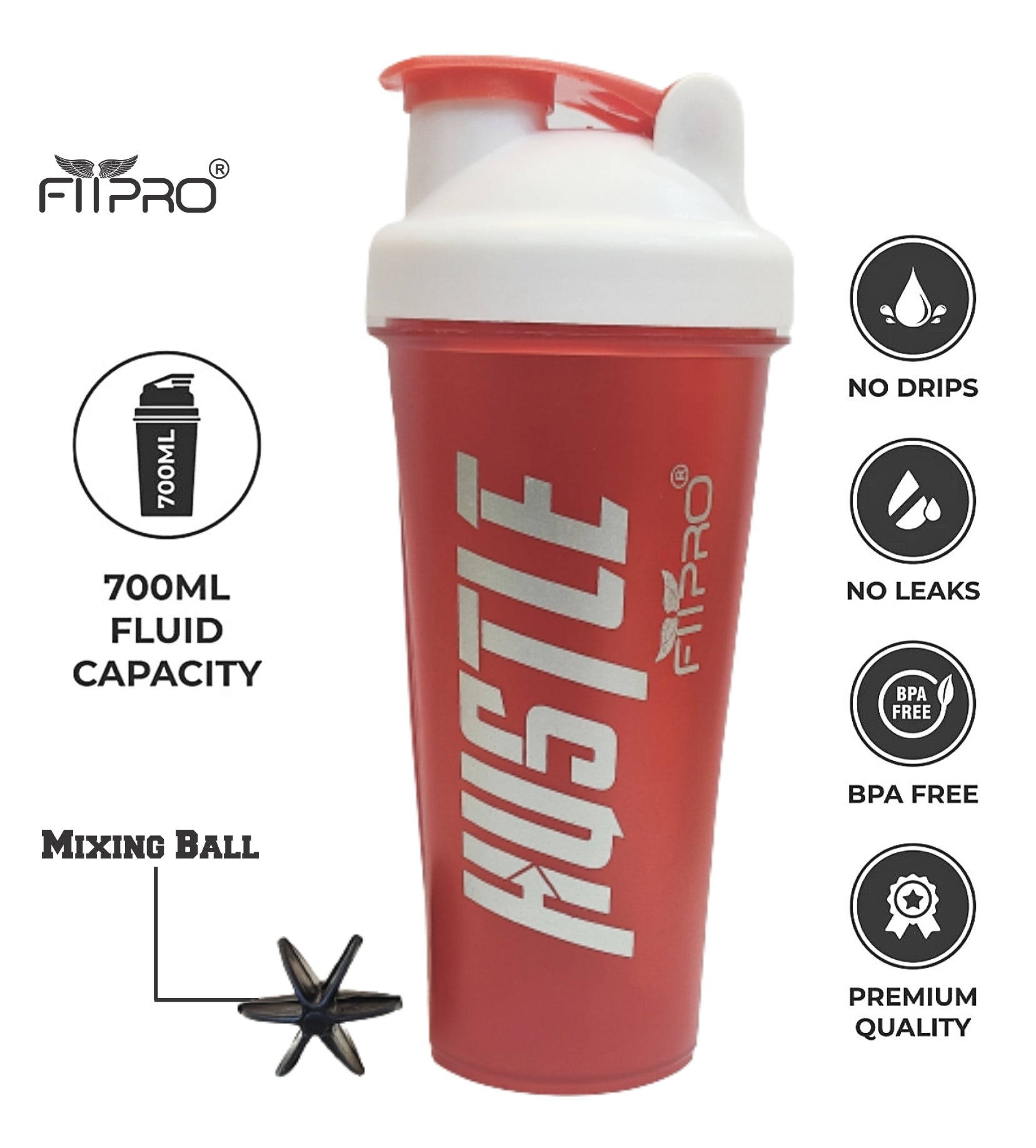 Hustle Gym Shaker Bottle 750ml – Red Protein Shaker with Mixing Ball | BPA-Free PP Plastic