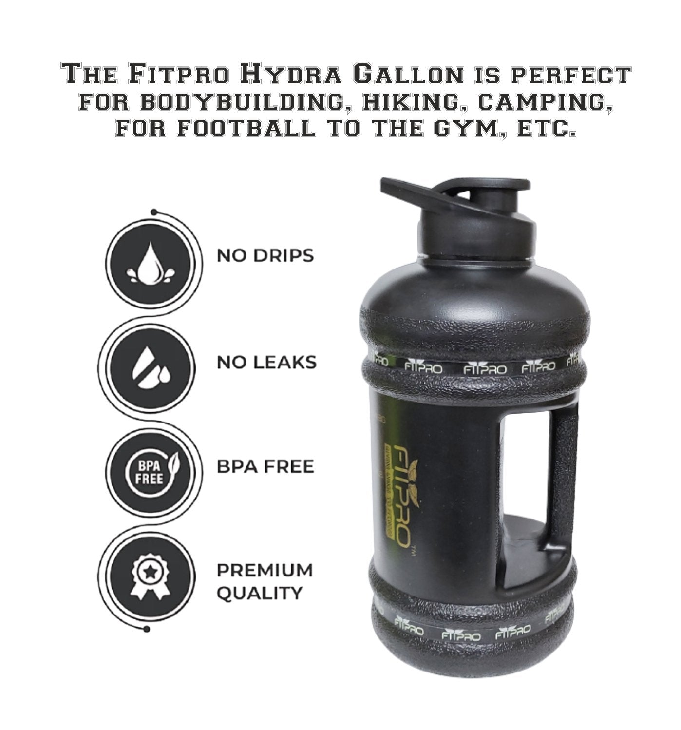 Fitpro 2.2L Gym Gallon Bottle – BPA-Free, Leak-Proof Black Water Bottle