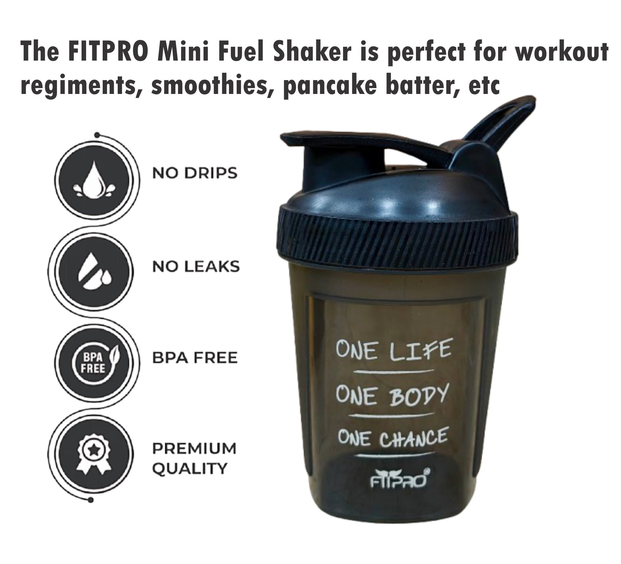 FITPRO Mini Fuel Shaker Bottle 300ml – Compact Gym Protein Shaker with Mixing Ball | BPA-Free PP Plastic