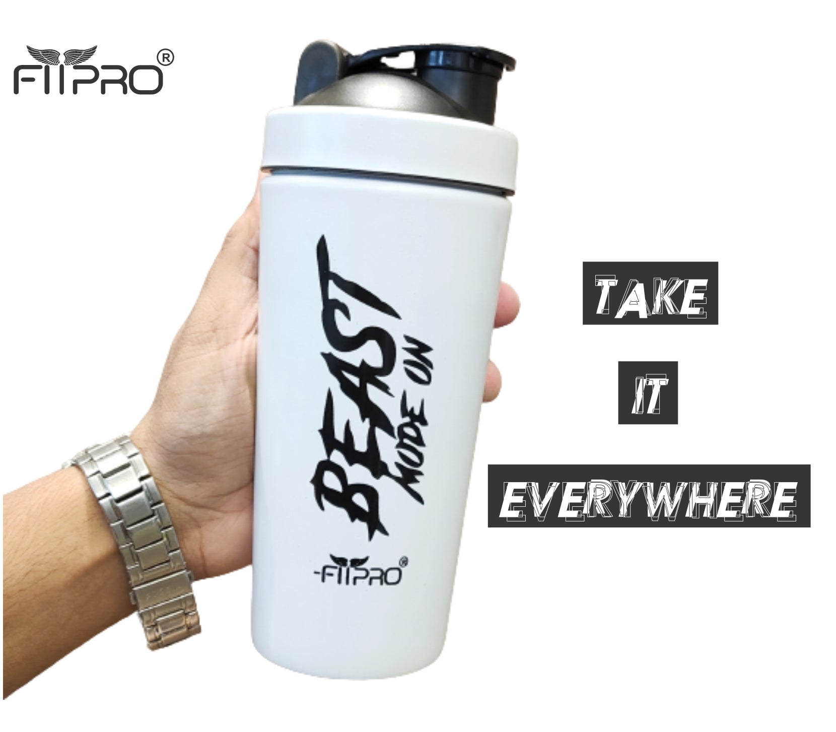 FITPRO Beast Mode Stainless Steel Shaker Bottle 750ml – Leak-Proof Gym Protein Shaker with Steel Whisk Ball