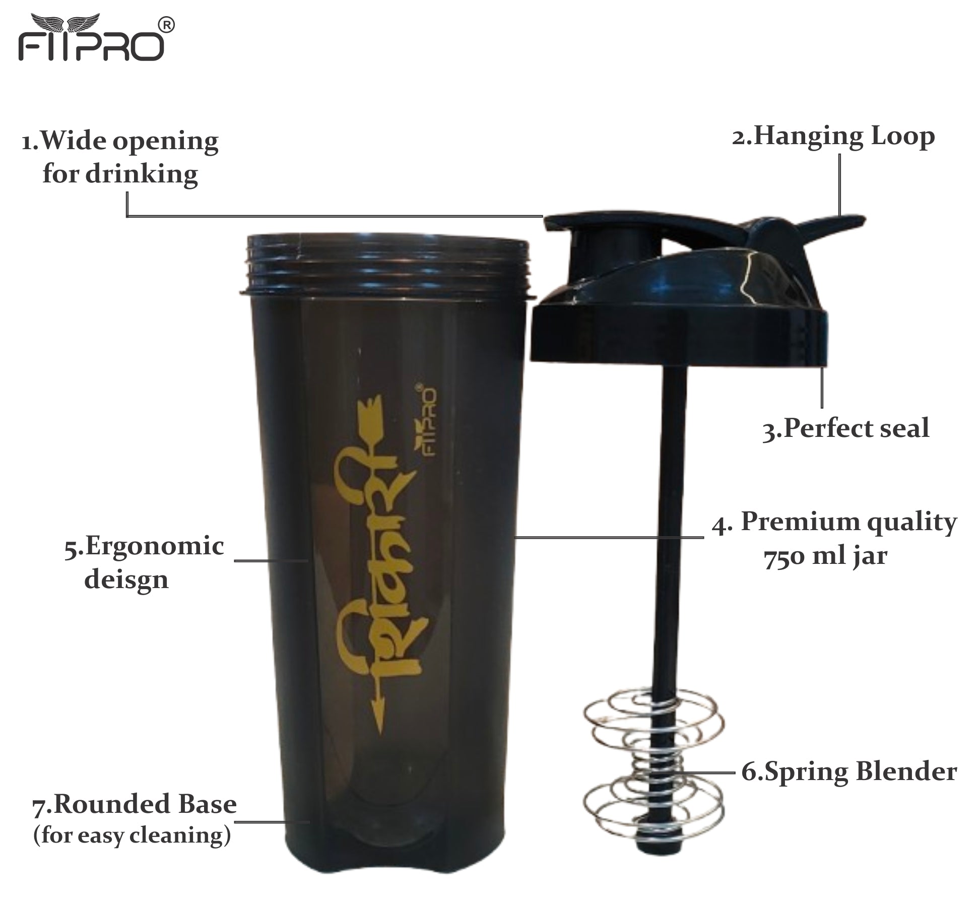 FITPRO Phantom Shaker Bottle 750ml – Gym Protein Shaker with Mixing Stick & Steel Ball | BPA-Free PP Plastic