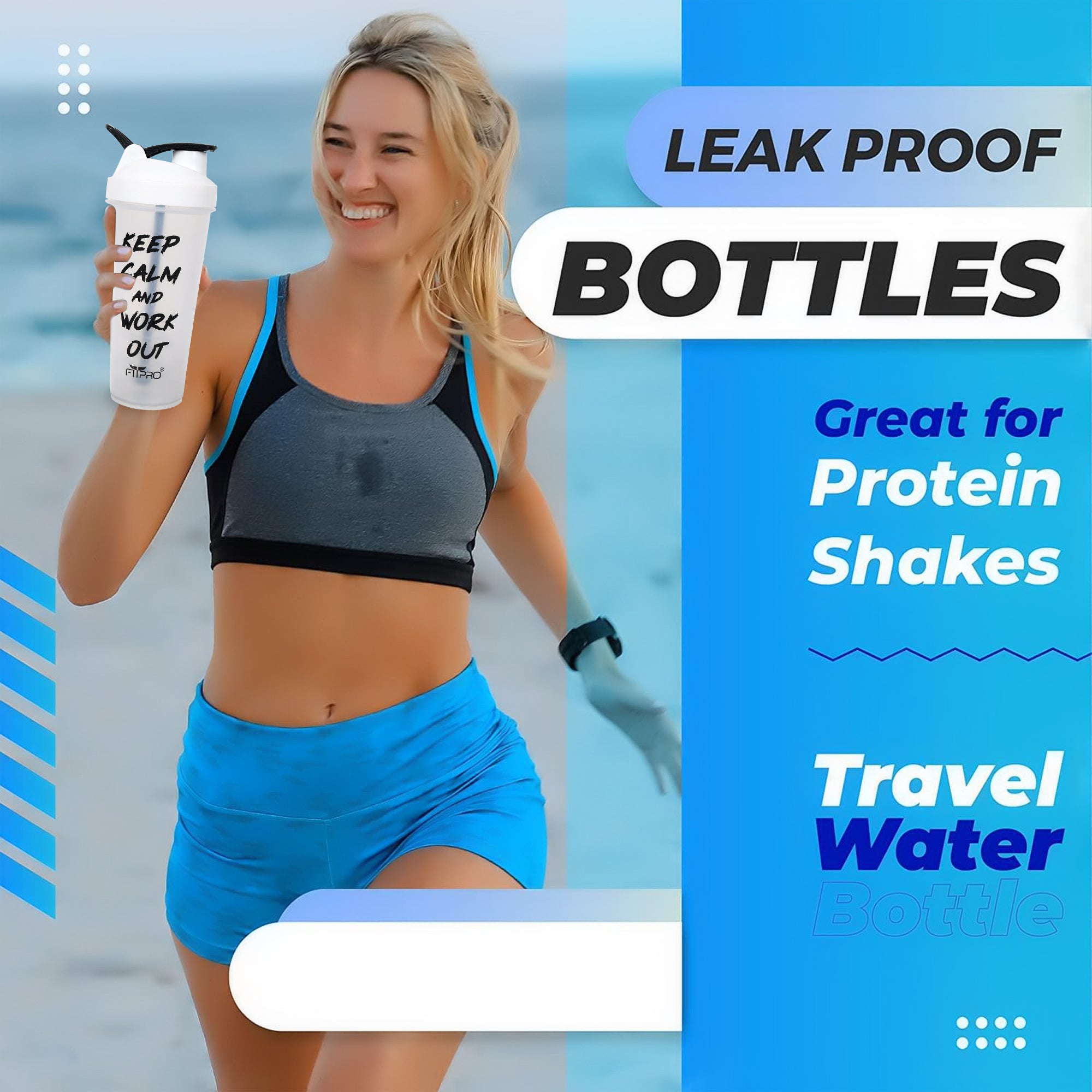 FitPro Fantastic Protein Shaker 750ml | White | Keep Calm & Work Out | Personal Use