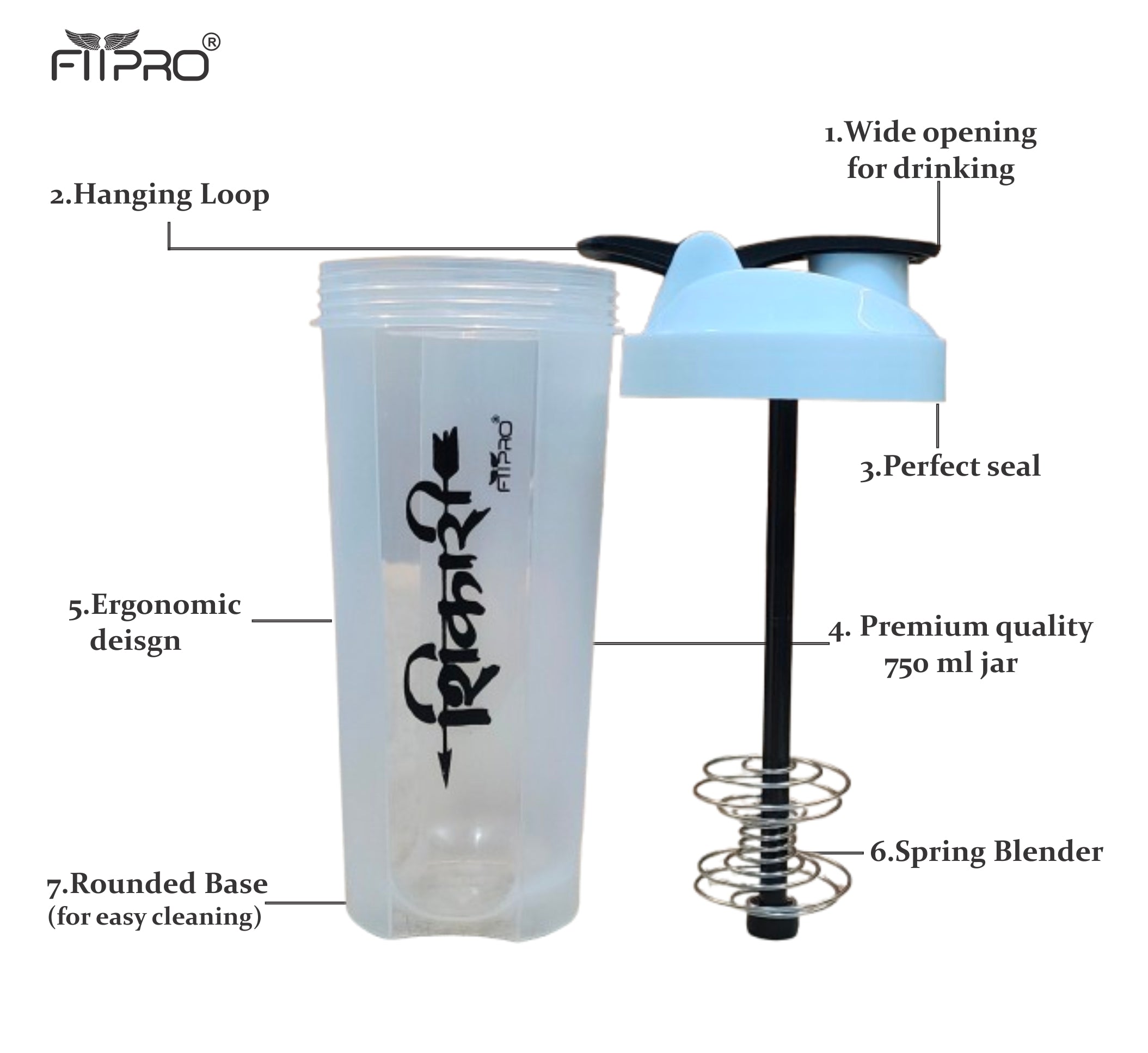 FITPRO Phantom Shaker Bottle 750ml – Gym Protein Shaker with Mixing Stick & Steel Ball | BPA-Free PP Plastic