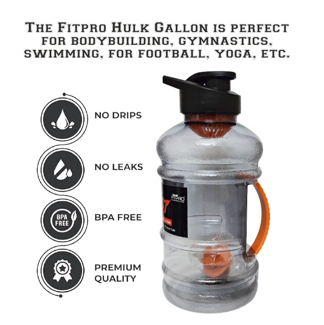 Hulk Sports Gallon Water Bottle 1500ml | Smoke Transparent | Flip Top Cap with Mixing Ball