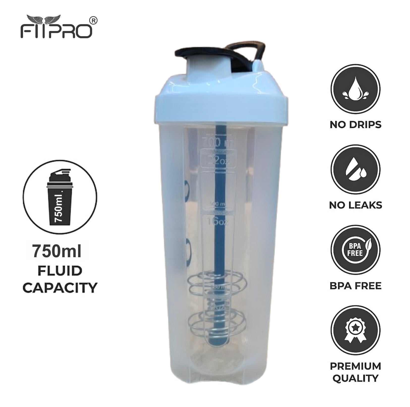 FITPRO Phantom Shaker Bottle 750ml – Gym Protein Shaker with Mixing Stick & Steel Ball | BPA-Free PP Plastic