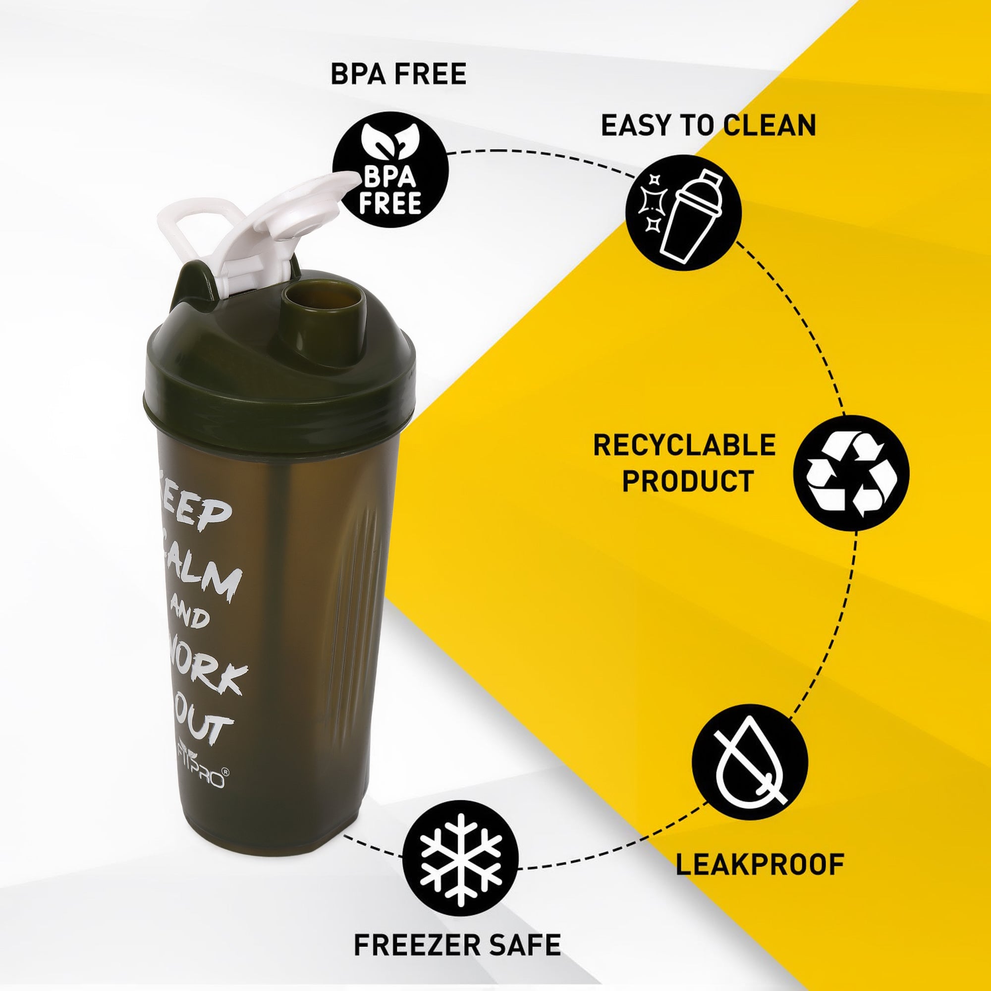 FitPro Fantastic Protein Shaker 750ml | Green | Keep Calm & Work Out | Fitness Shaker