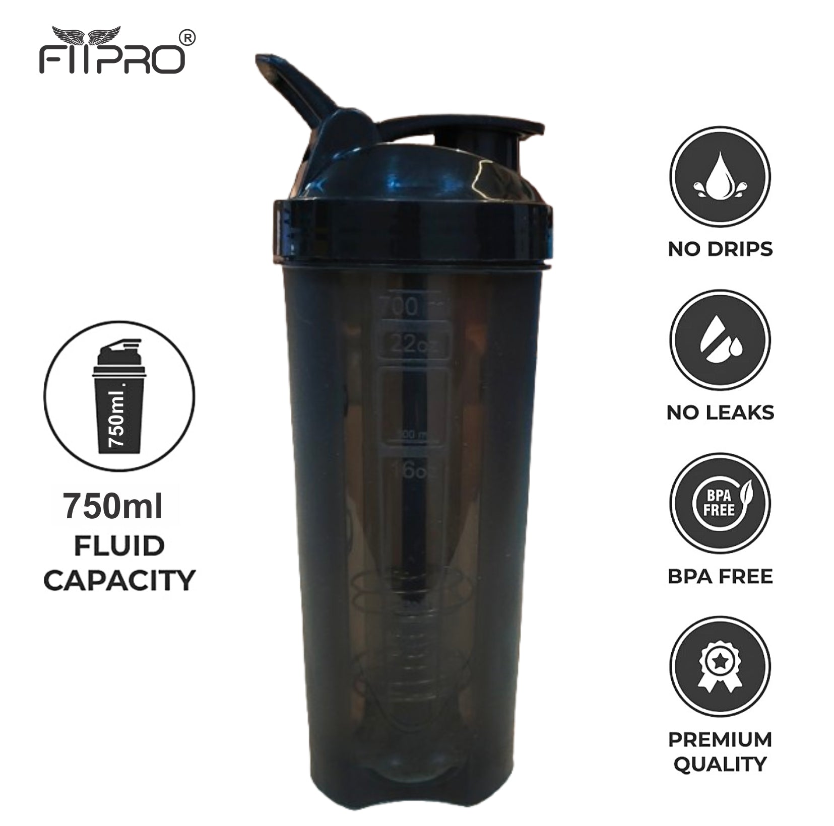 FITPRO Phantom Shaker Bottle 750ml – Gym Protein Shaker with Mixing Stick & Steel Ball | BPA-Free PP Plastic