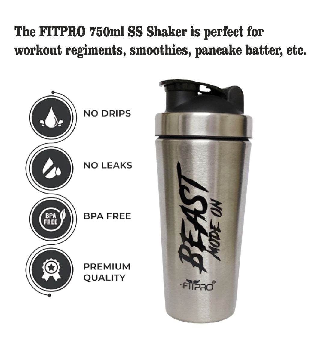 FITPRO Beast Mode Stainless Steel Shaker Bottle 750ml – Leak-Proof Gym Protein Shaker with Steel Whisk Ball