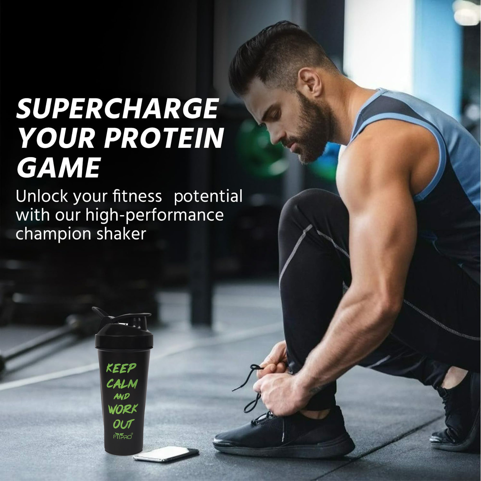 FitPro Fantastic Protein Shaker 750ml | Black | Keep Calm & Work Out | Gym & Personal Use