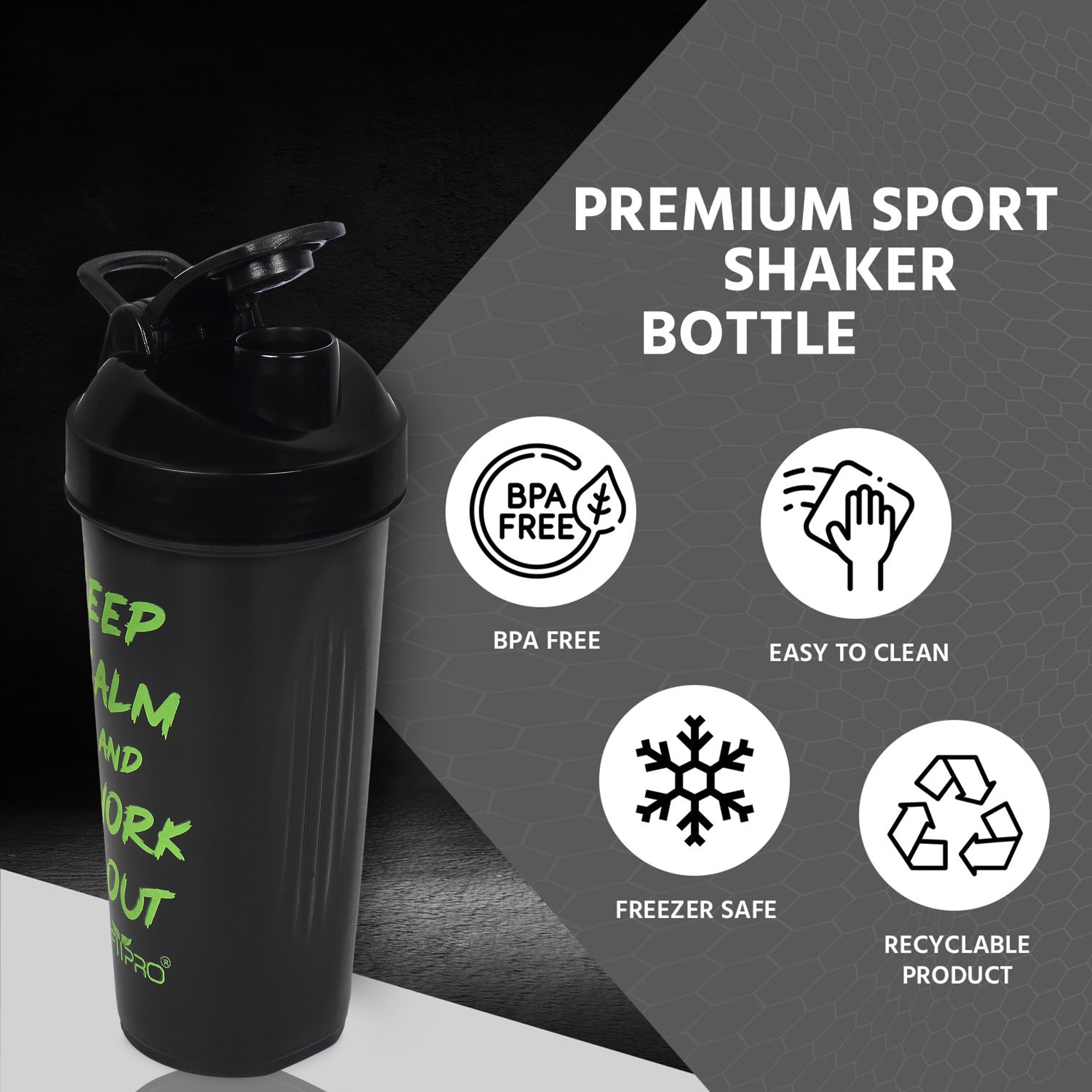 FitPro Fantastic Protein Shaker 750ml | Black | Keep Calm & Work Out | Gym & Personal Use