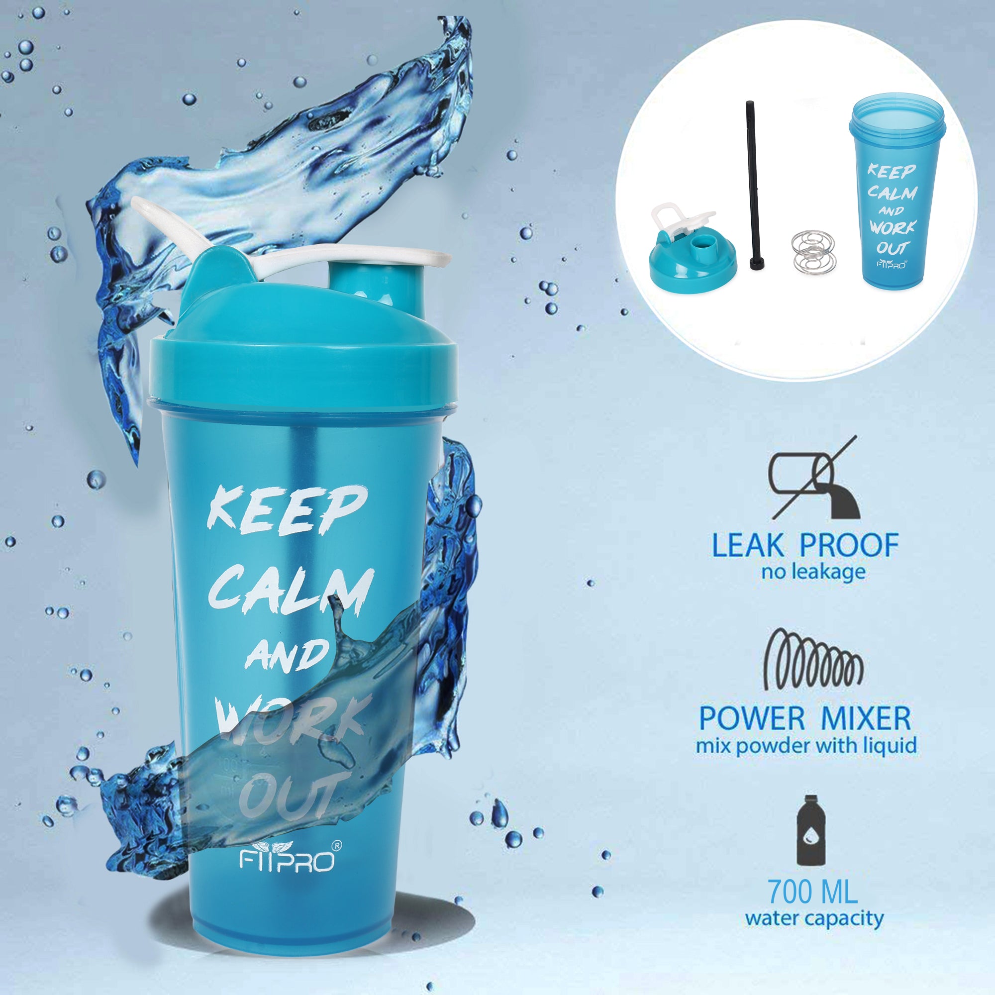 FitPro Fantastic Protein Shaker 750ml | Blue | Keep Calm & Work Out | Gym Use