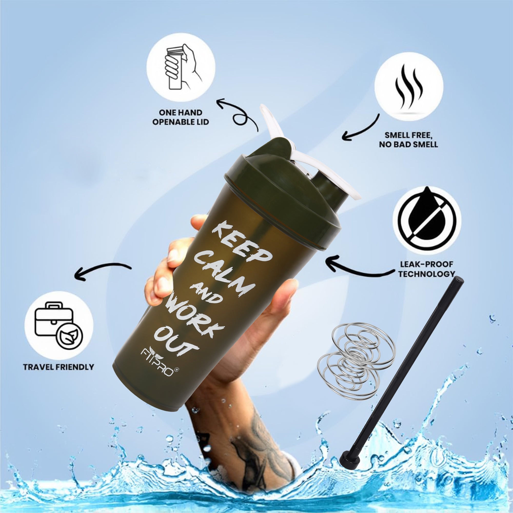 FitPro Fantastic Protein Shaker 750ml | Green | Keep Calm & Work Out | Fitness Shaker