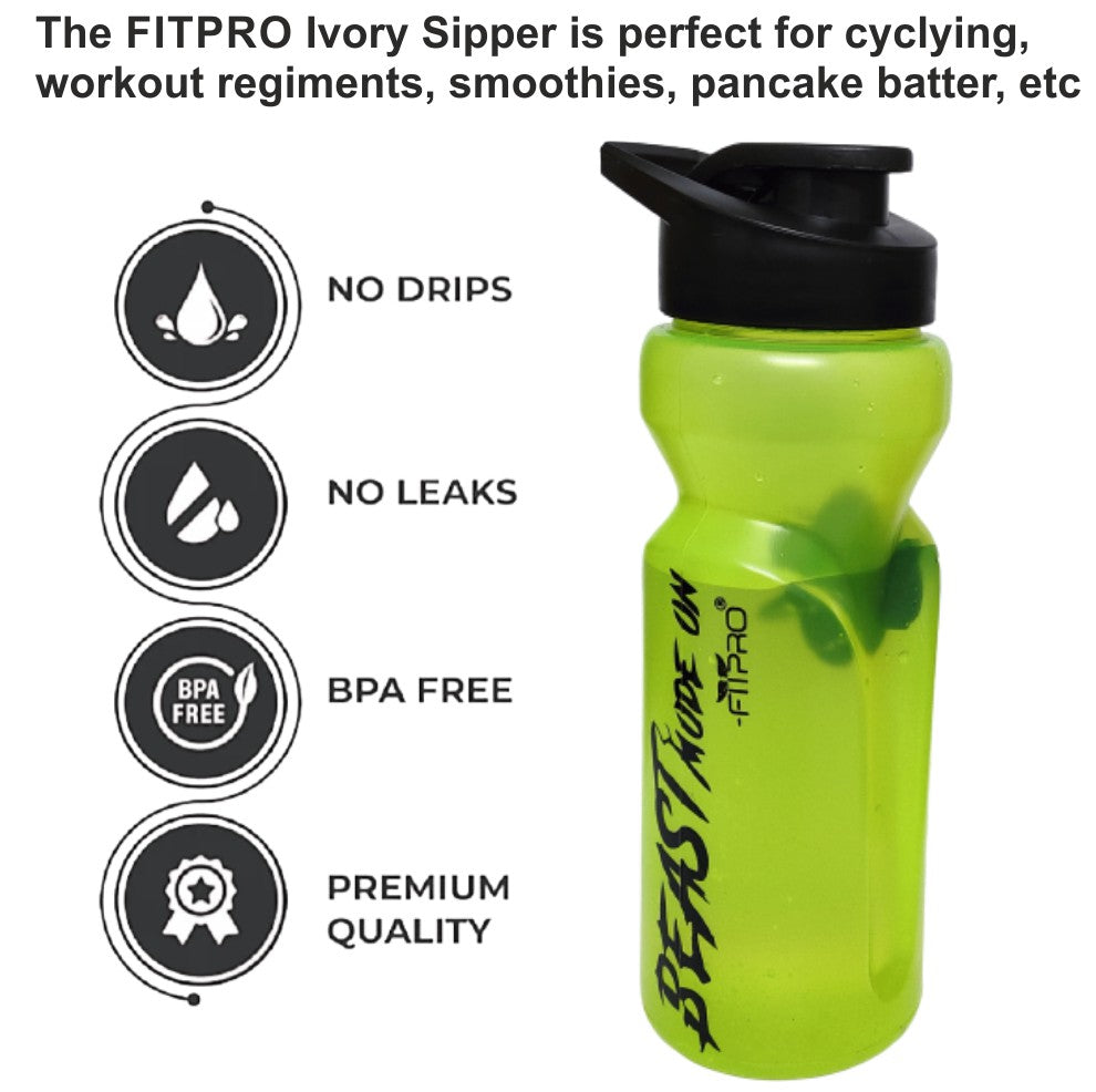 FITPRO Ivory Sipper Bottle 600ml – Neon Green Gym & Cycling Bottle with Mixing Ball | BPA-Free PP Plastic