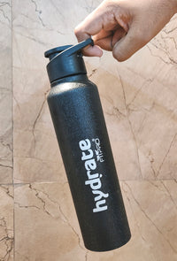 FitPro Hydrate 1000ml Classic Black Stainless Steel Water Bottle | Crackle Coating | Flip Top Cap
