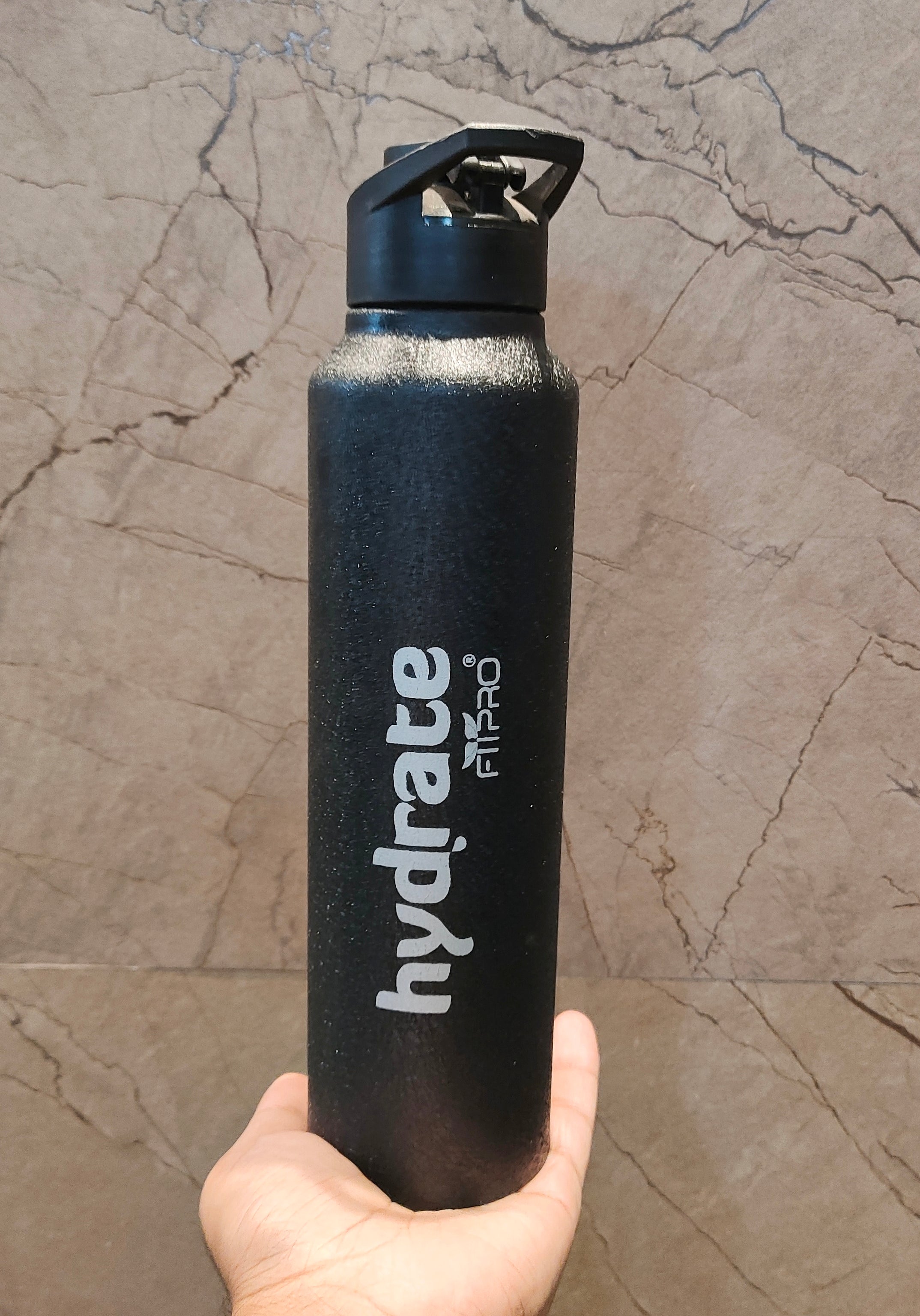 FitPro Hydrate 1000ml Classic Black Stainless Steel Water Bottle | Crackle Coating | Flip Top Cap