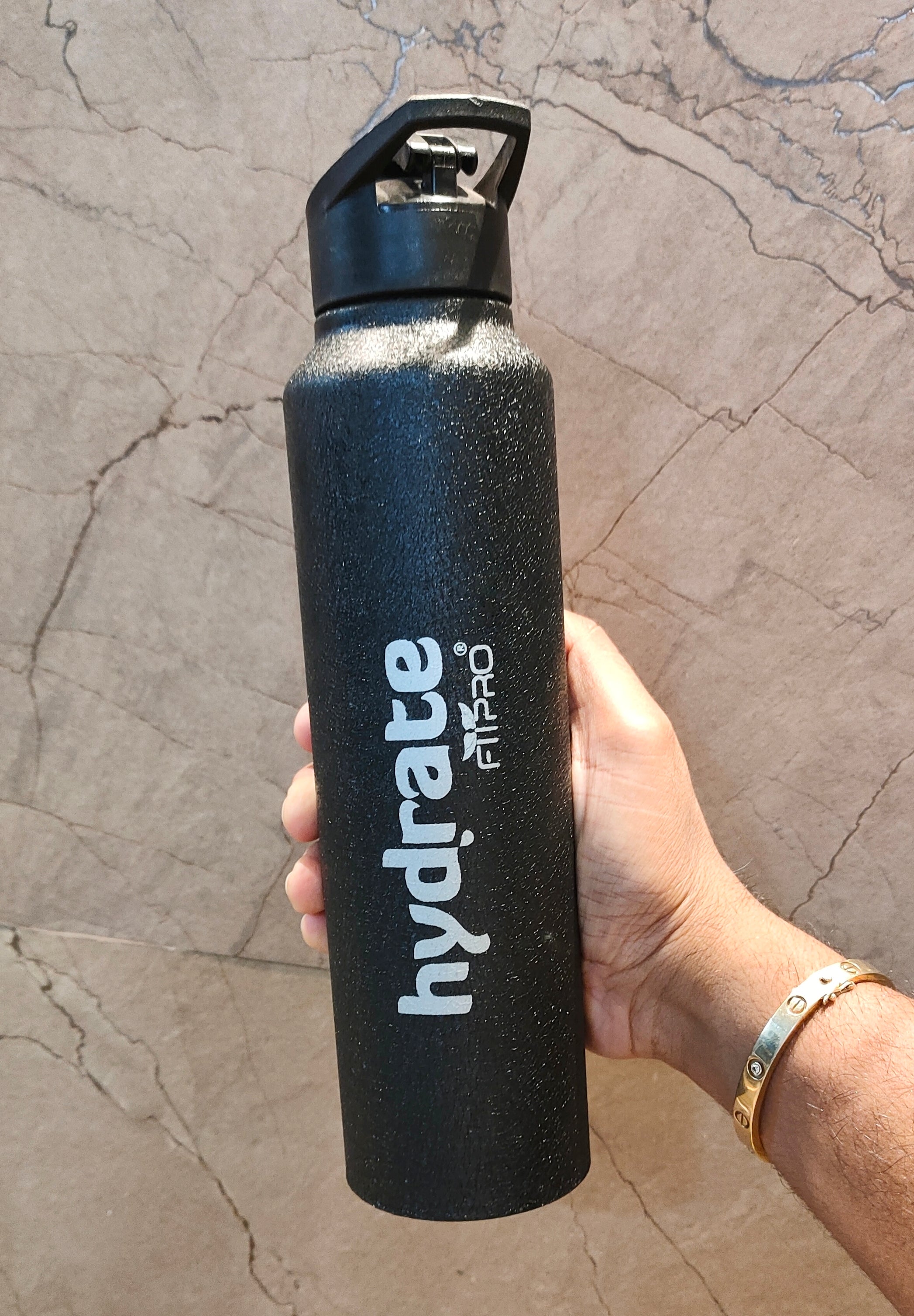 FitPro Hydrate 1000ml Classic Black Stainless Steel Water Bottle | Crackle Coating | Flip Top Cap