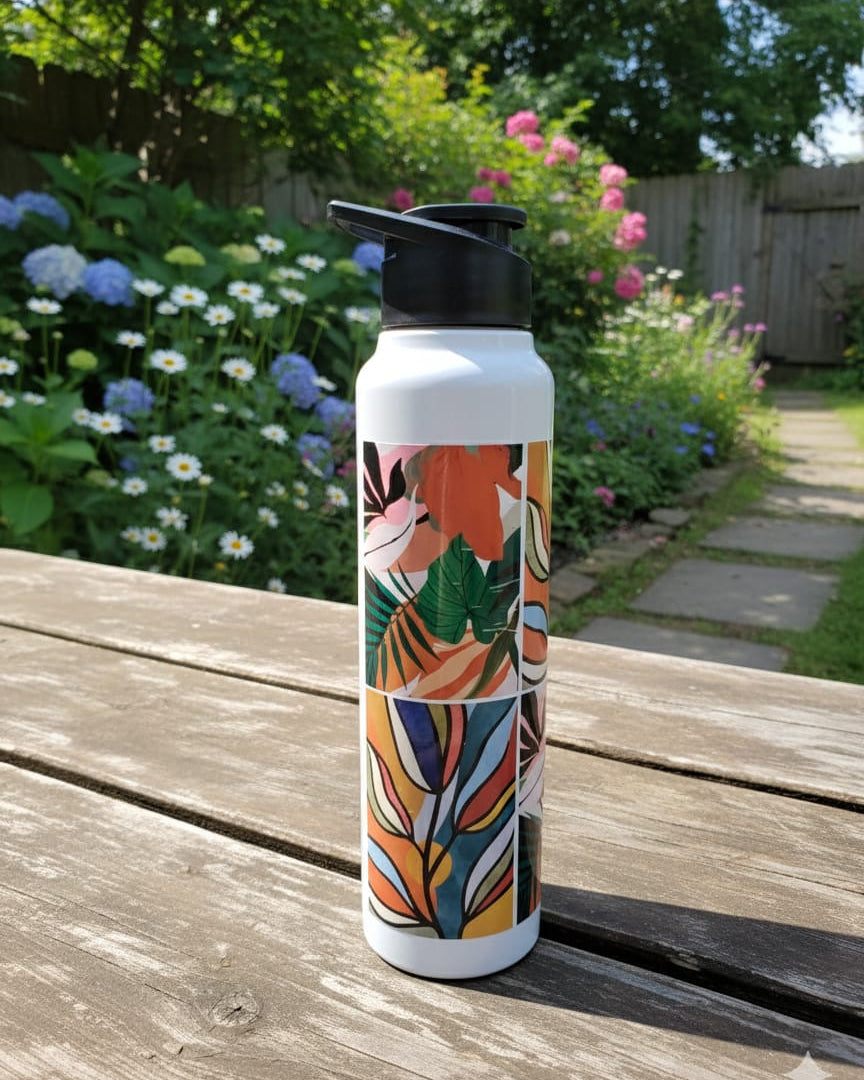 1L Stainless Steel Classic Flip-Top Water Bottle with Floral Nature Print – Leak-Proof Reusable Insulated Bottle for Gym, Travel & Daily Use