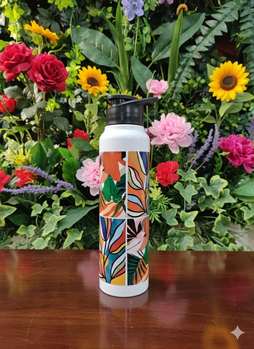 1L Stainless Steel Classic Flip-Top Water Bottle with Floral Nature Print – Leak-Proof Reusable Insulated Bottle for Gym, Travel & Daily Use