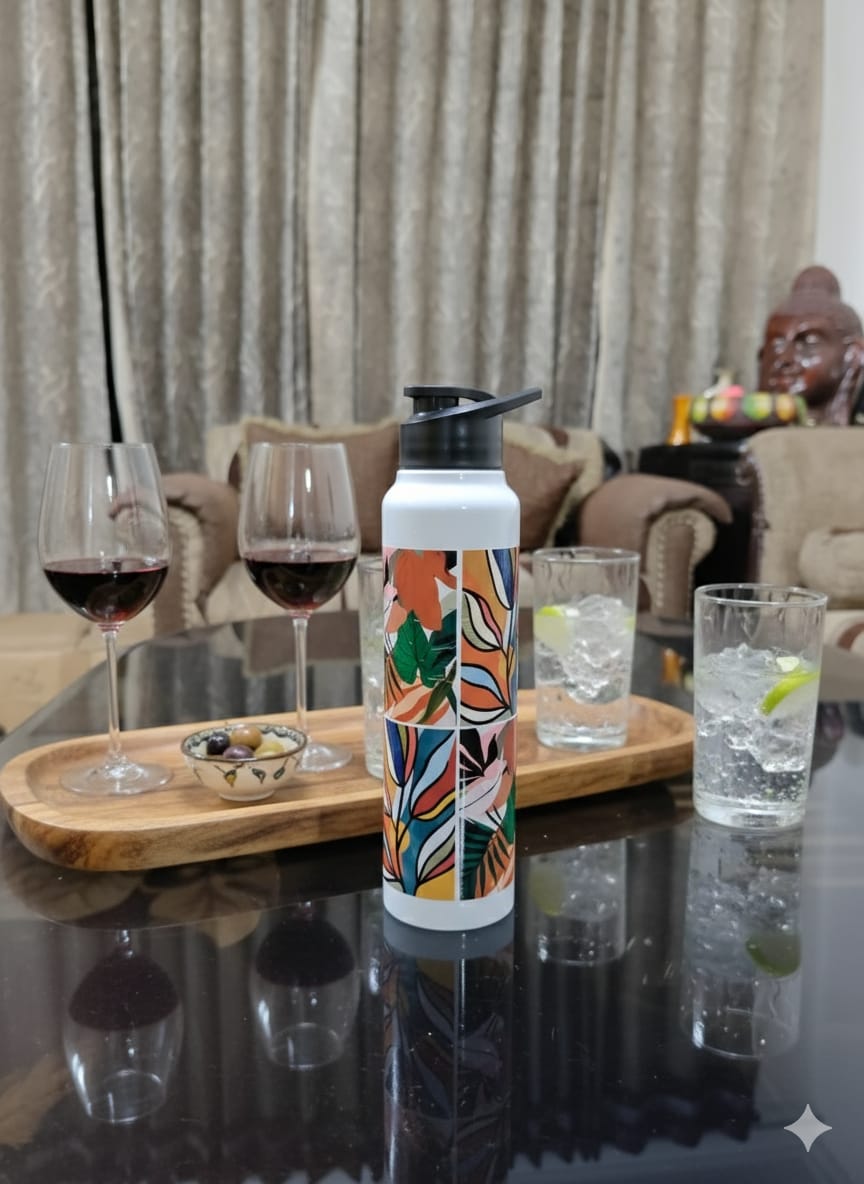 1L Stainless Steel Classic Flip-Top Water Bottle with Floral Nature Print – Leak-Proof Reusable Insulated Bottle for Gym, Travel & Daily Use