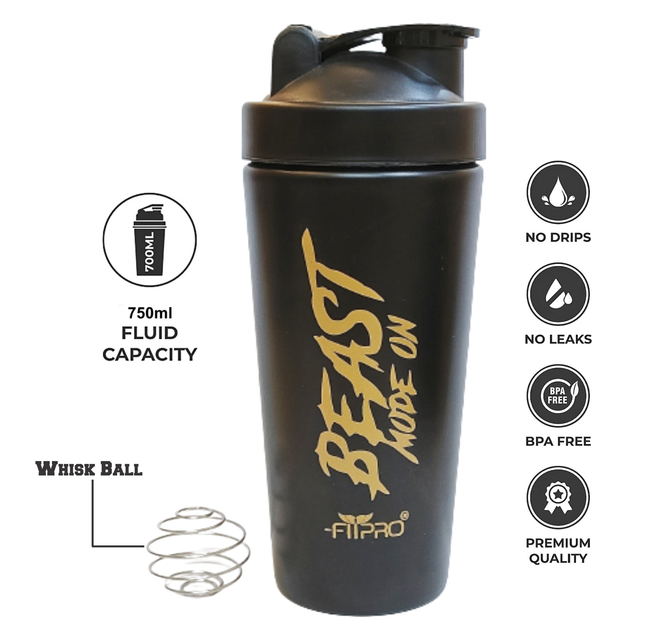 FITPRO Beast Mode Stainless Steel Shaker Bottle 750ml – Leak-Proof Gym Protein Shaker with Steel Whisk Ball